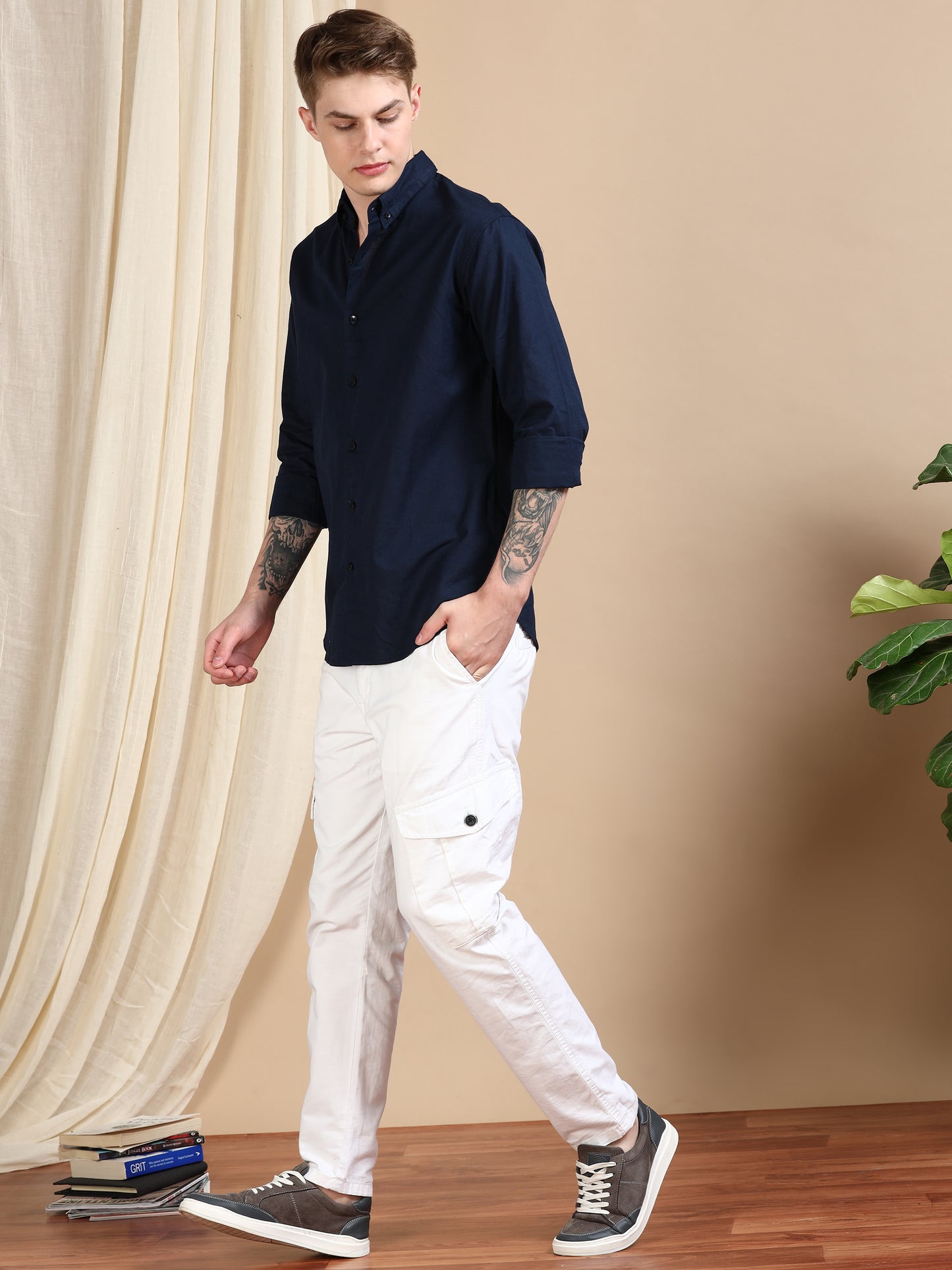 Solid Linen Navy Blue Shirt For Men