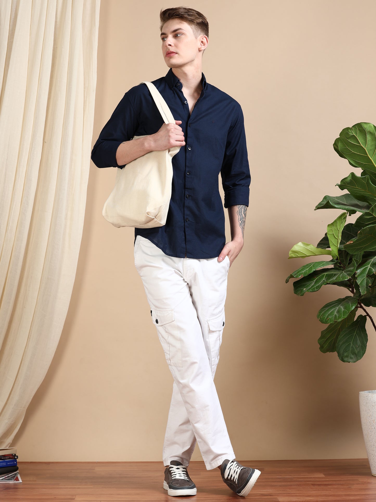 Solid Linen Navy Blue Shirt For Men