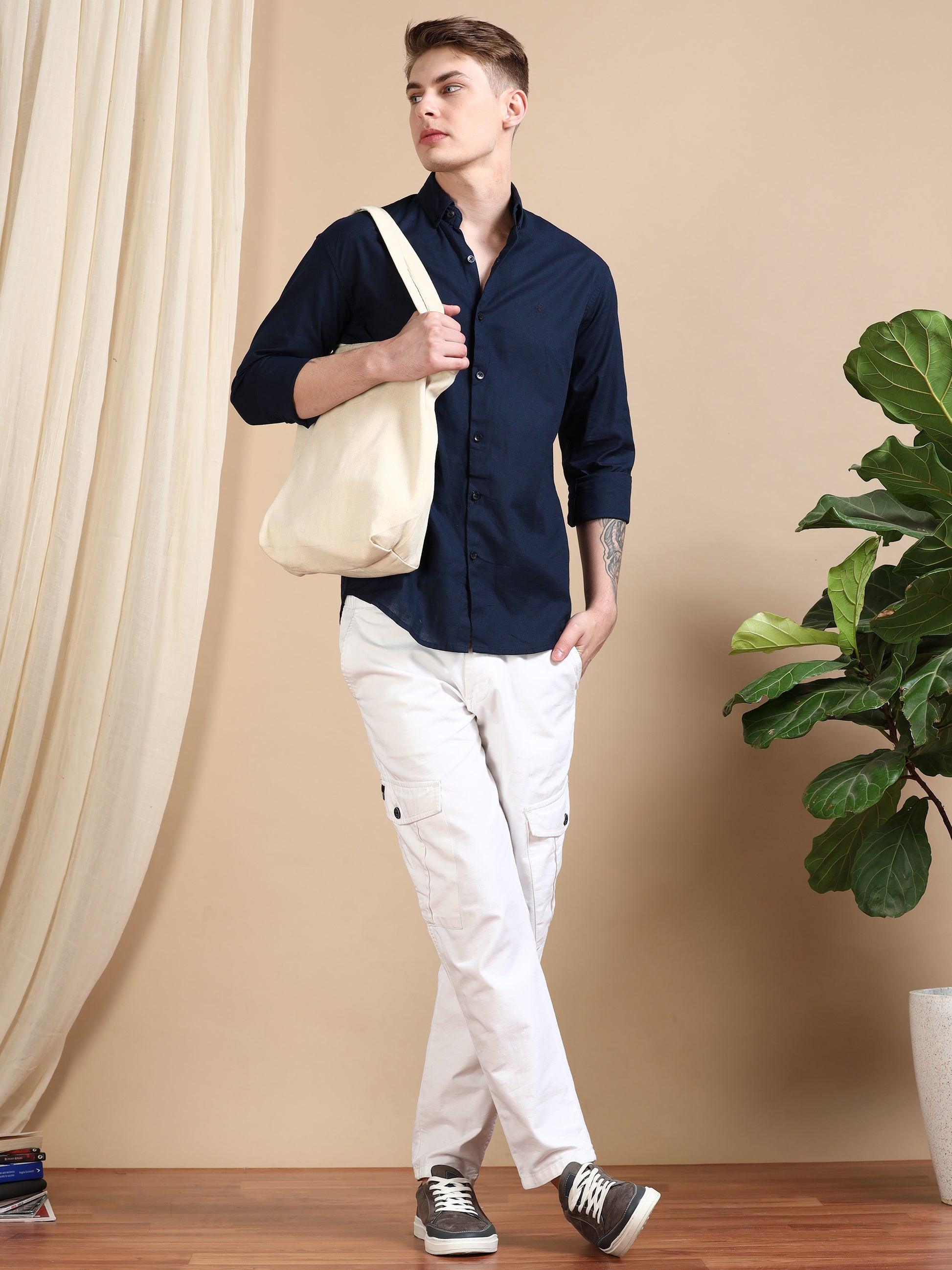 Solid Linen Navy Blue Shirt For Men
