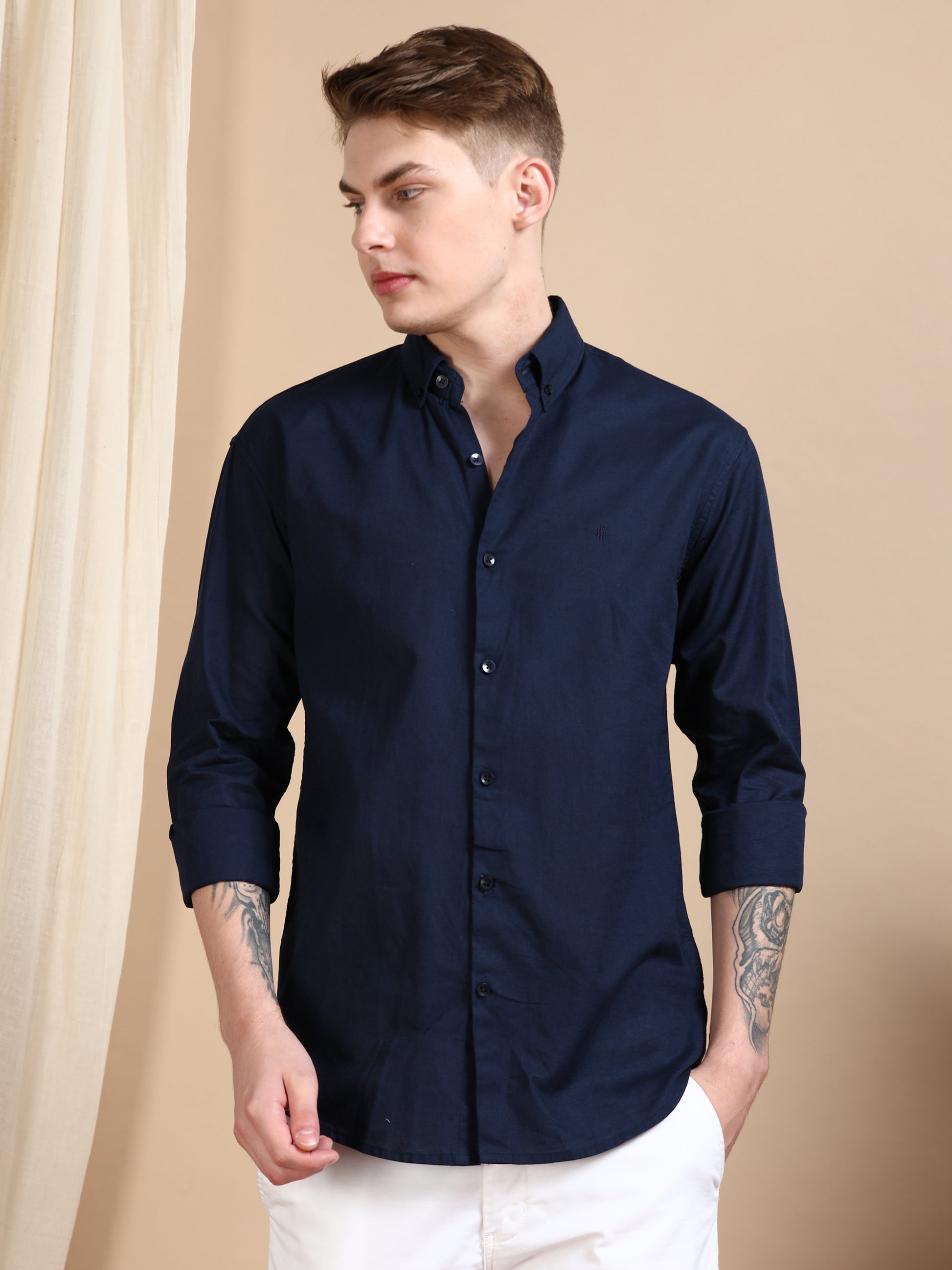 Solid Linen Navy Blue Shirt For Men