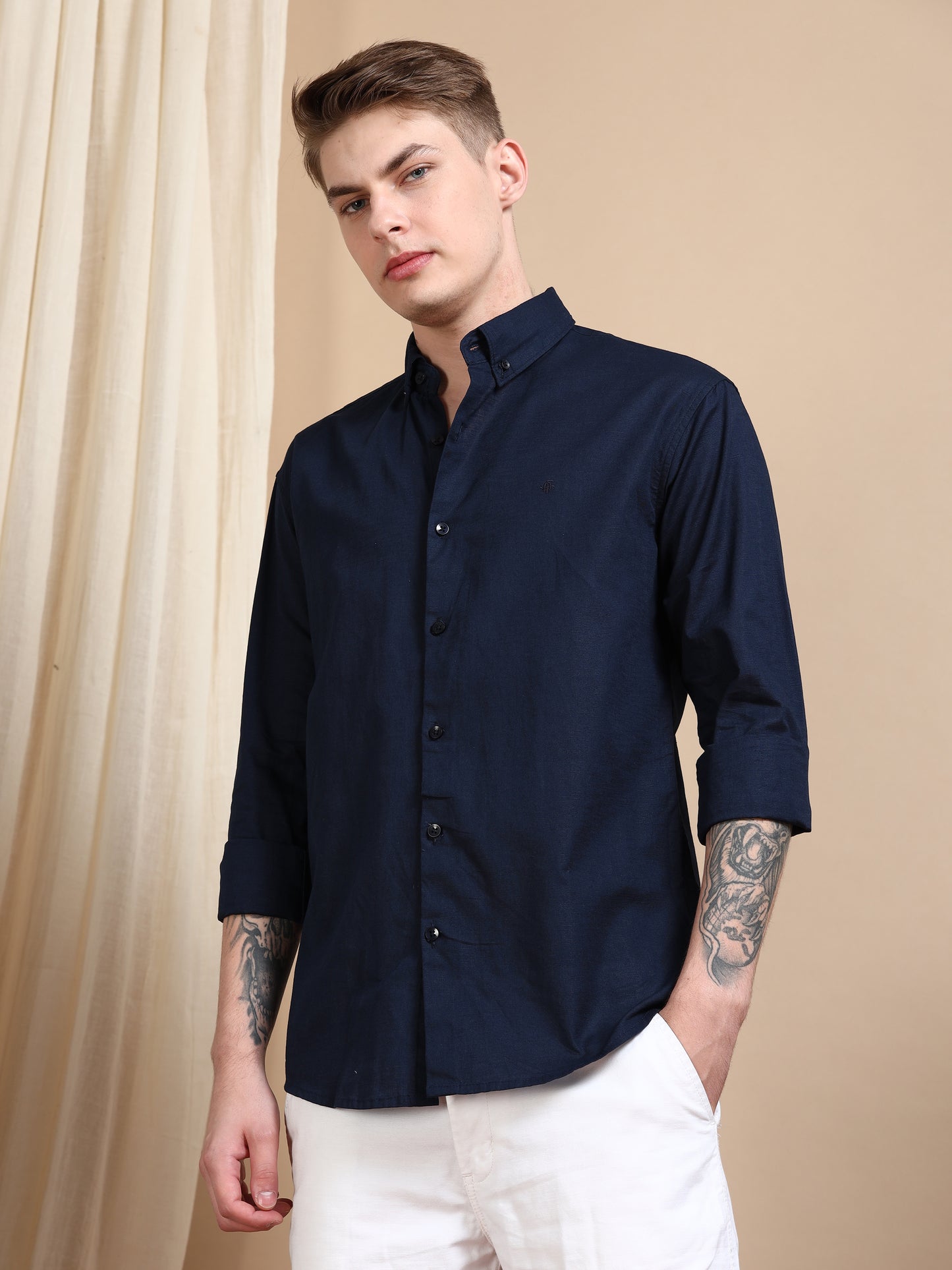 Solid Linen Navy Blue Shirt For Men