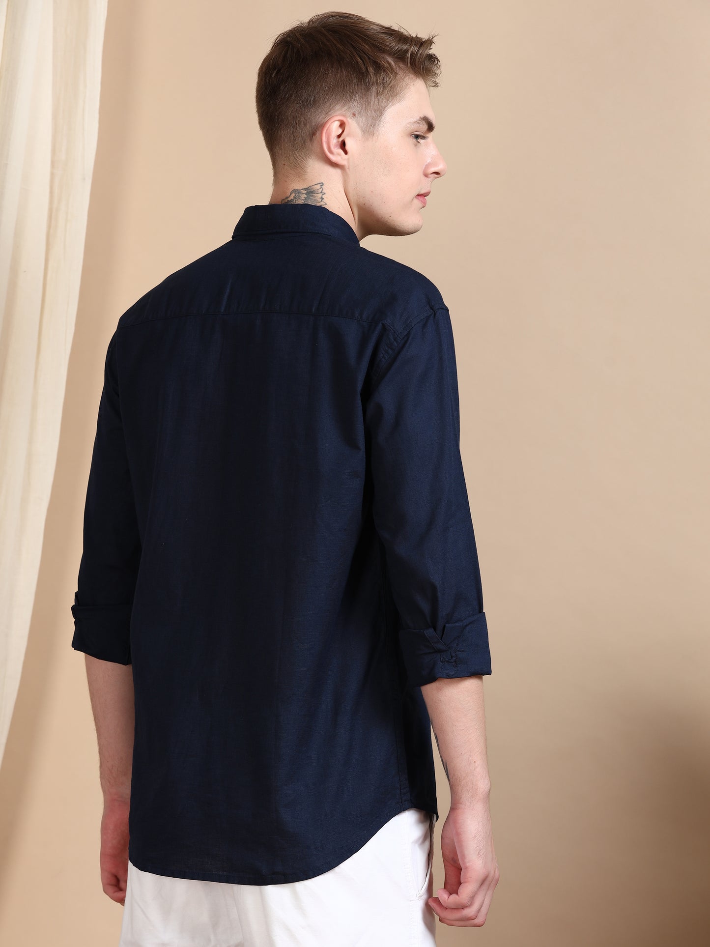 Solid Linen Navy Blue Shirt For Men