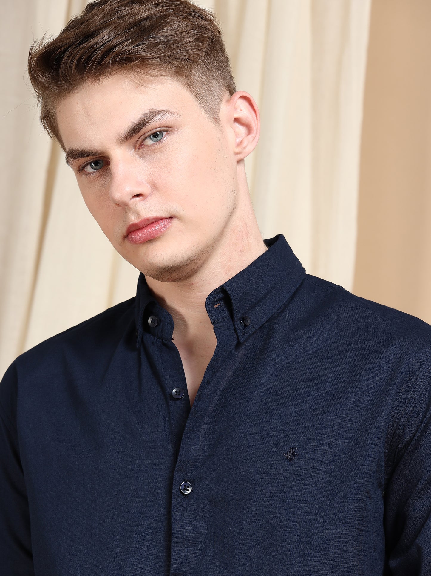 Solid Linen Navy Blue Shirt For Men