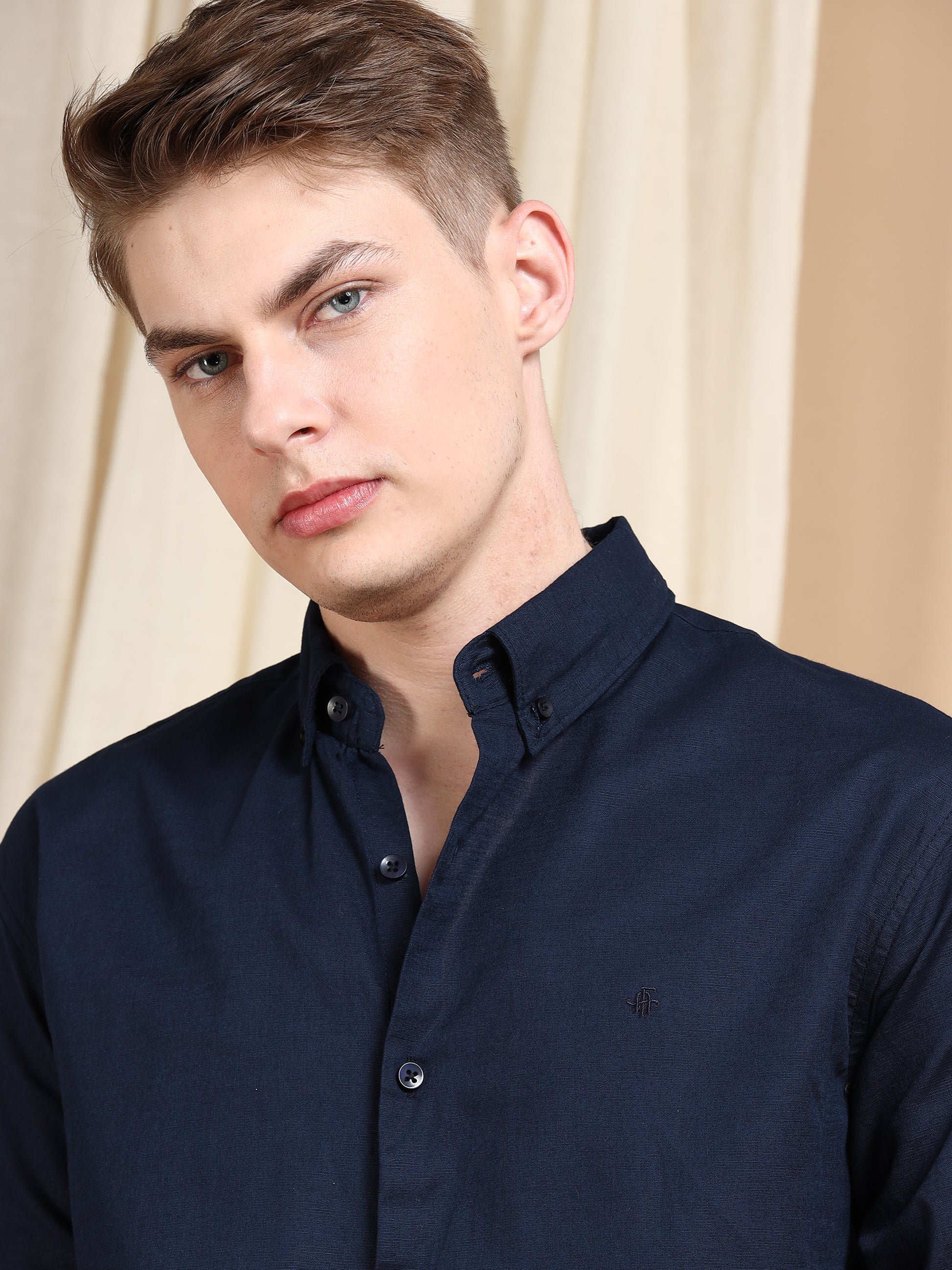 Solid Linen Navy Blue Shirt For Men