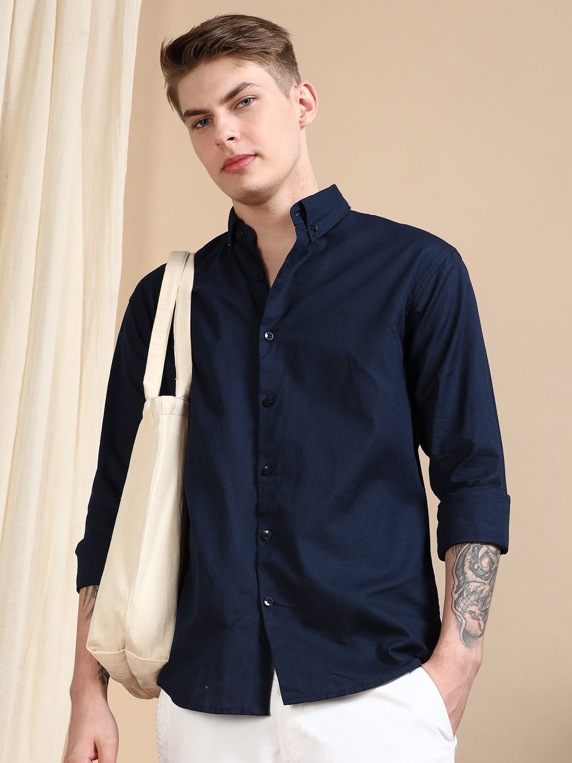 Solid Linen Navy Blue Shirt For Men