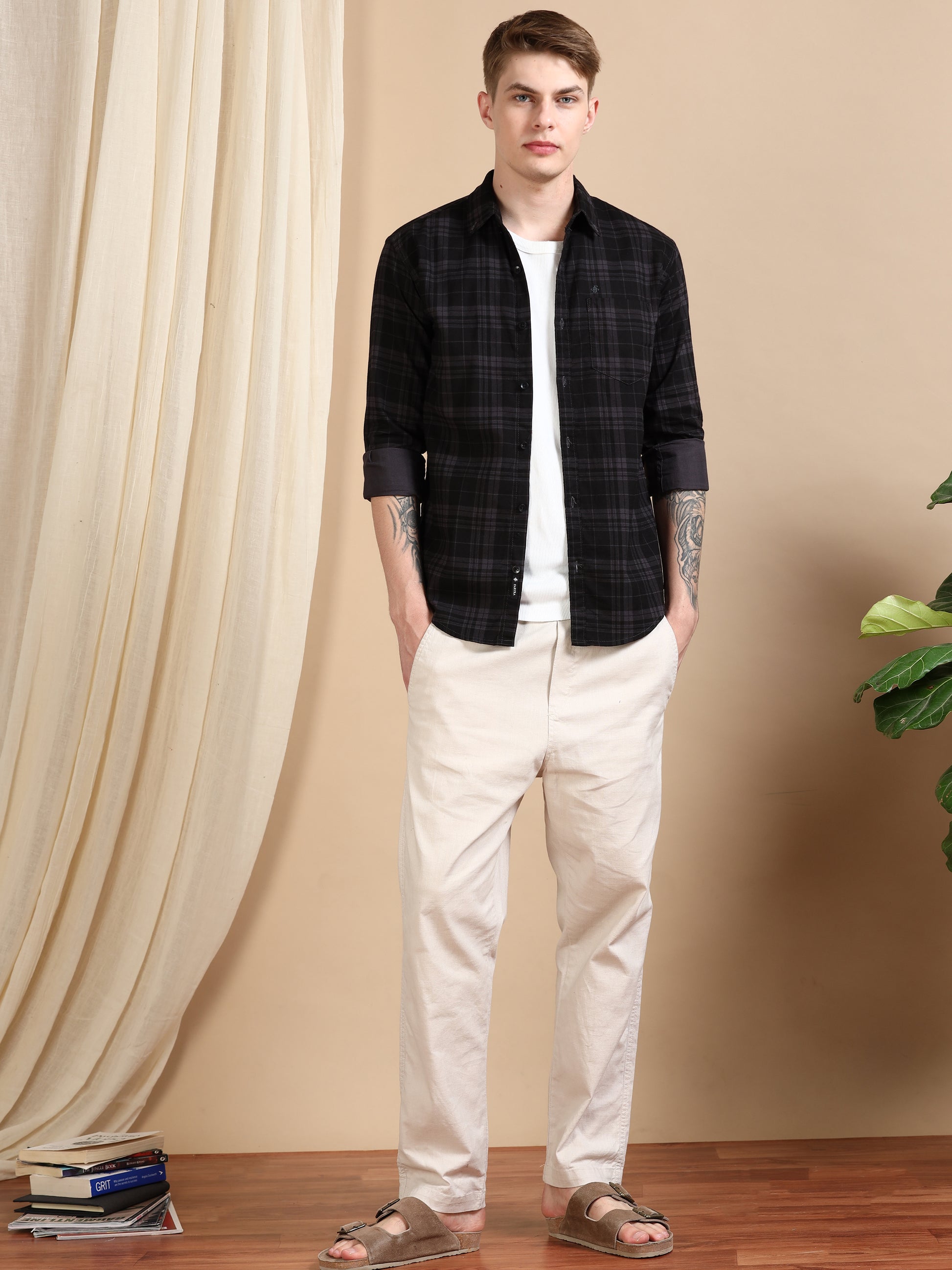 Ash Grey Casual Shirts Check Pattern for Men