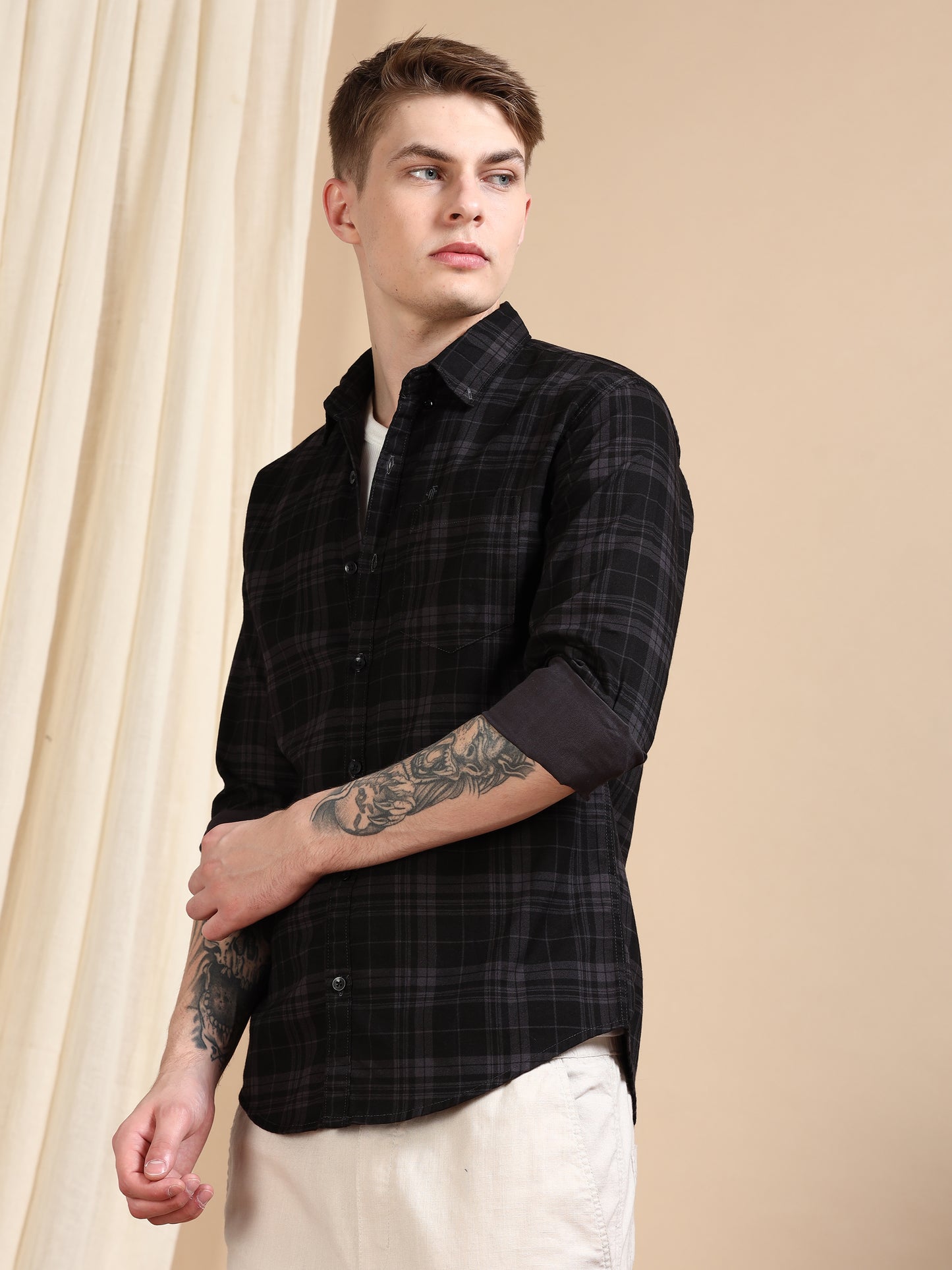 Ash Grey Casual Shirts Check Pattern for Men