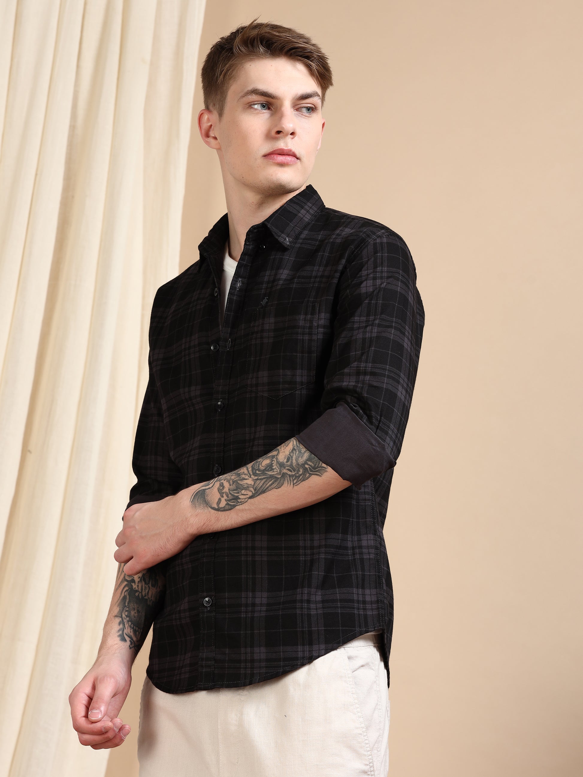 Ash Grey Casual Shirts Check Pattern for Men