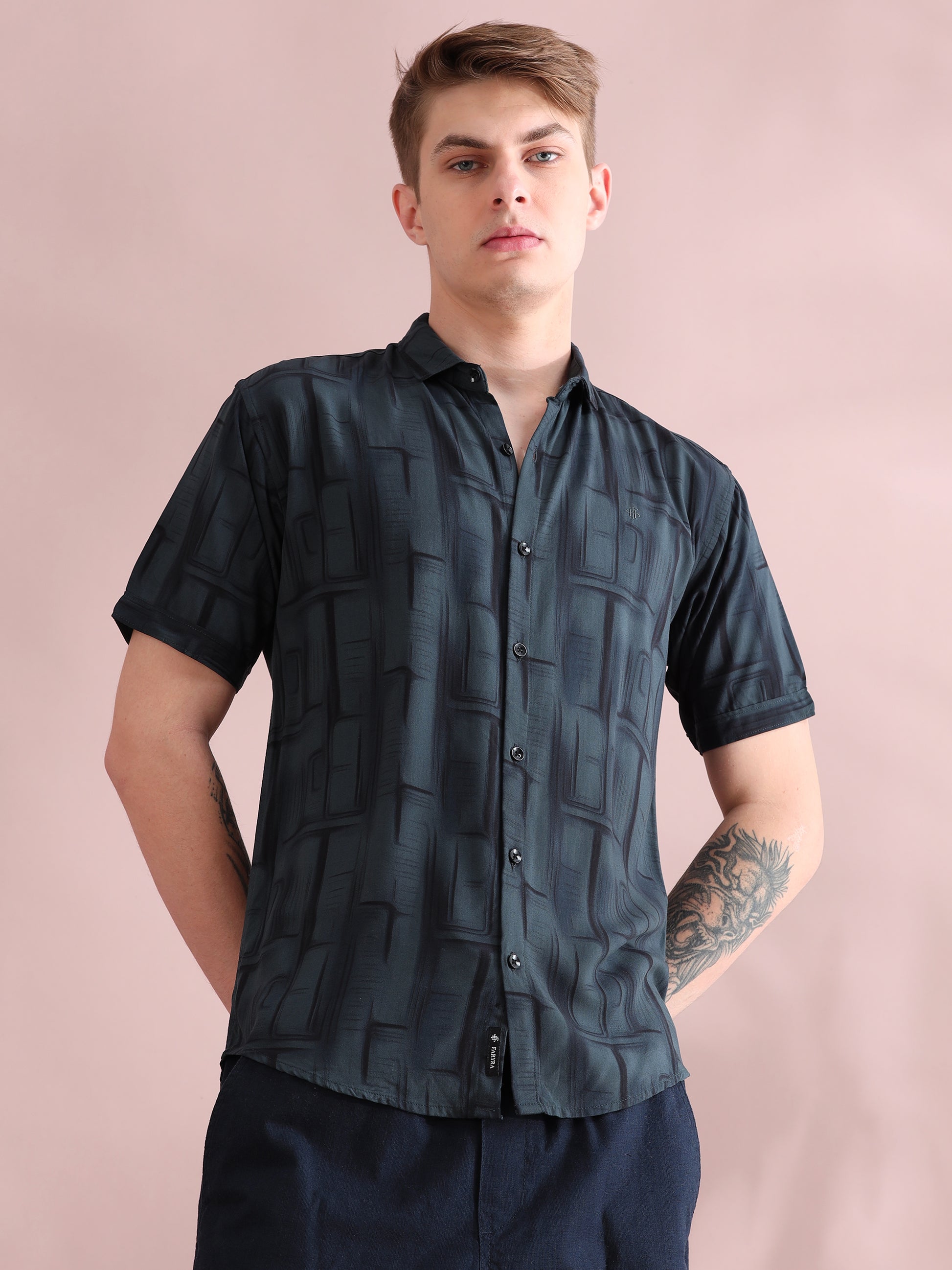 Half Sleeves Rayon Grey Printed Shirt For Men