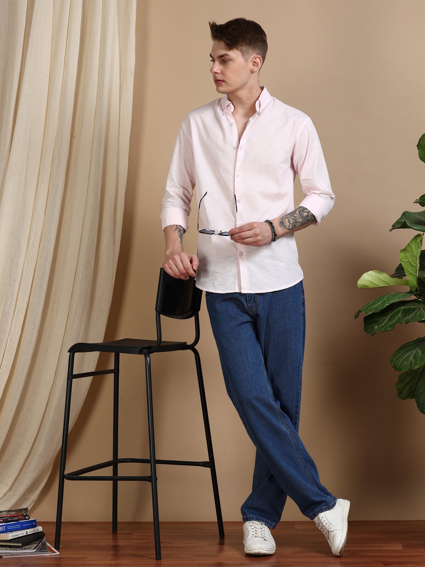 Solid Linen Light Pink Shirt For Men