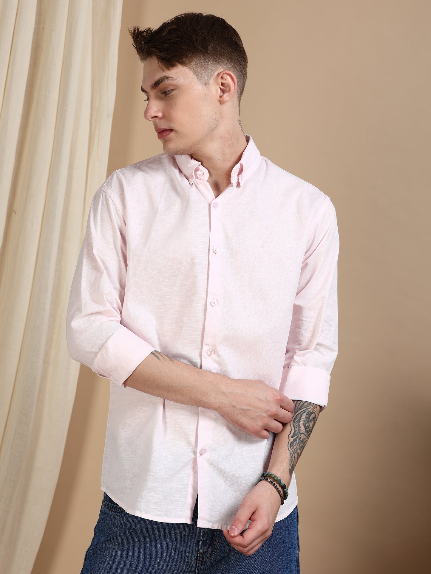 Solid Linen Light Pink Shirt For Men