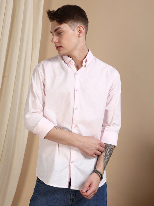 Solid Linen Light Pink Shirt For Men