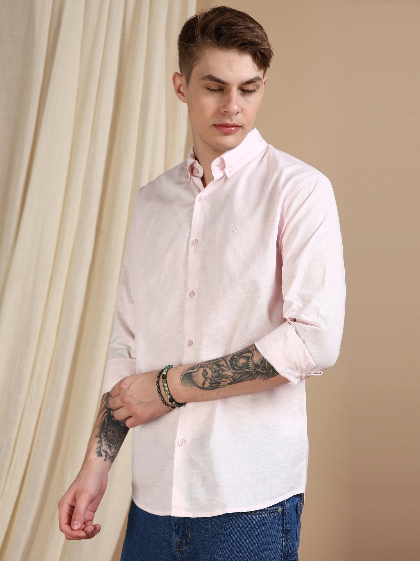 Solid Linen Light Pink Shirt For Men