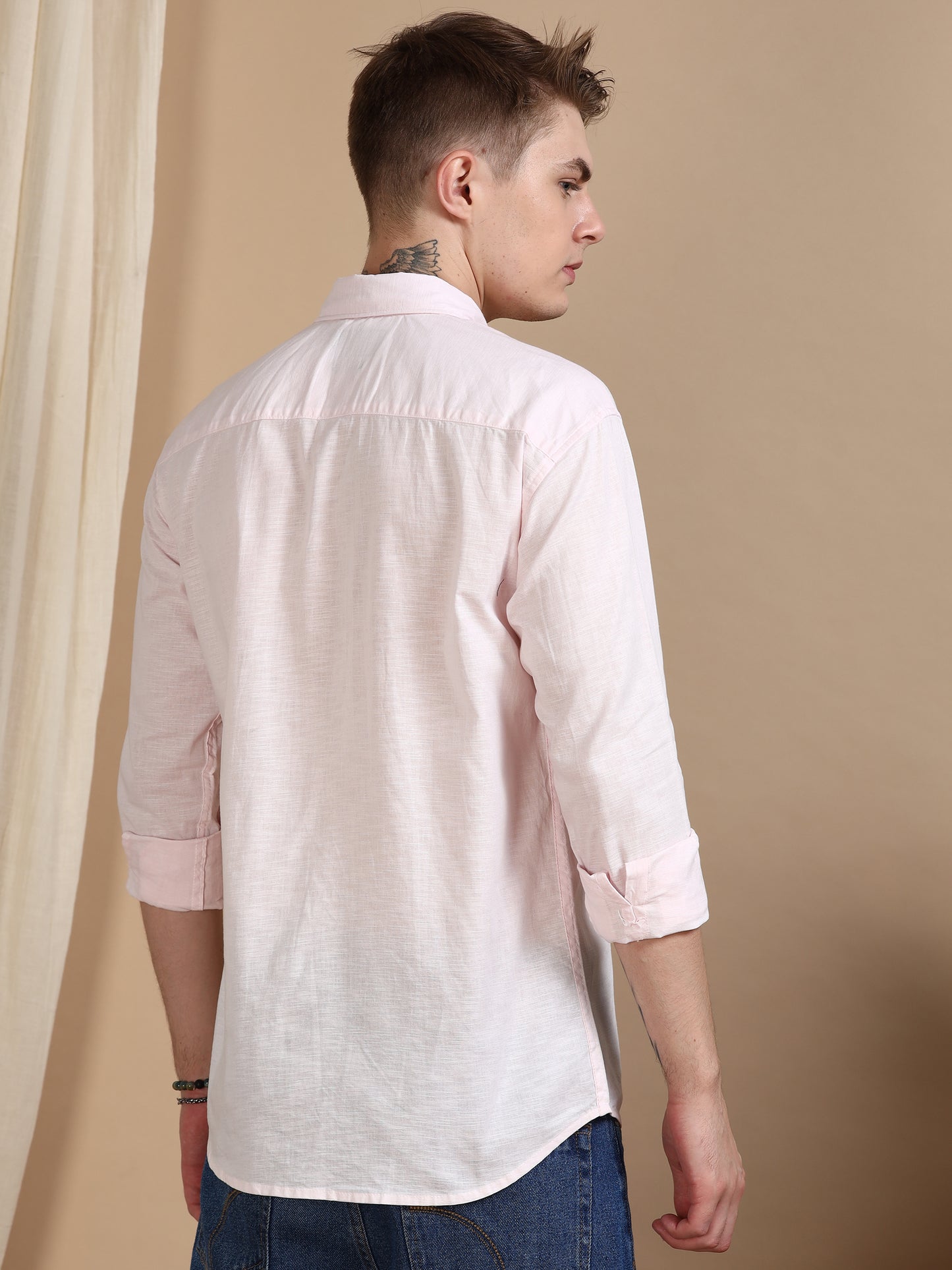 Solid Linen Light Pink Shirt For Men