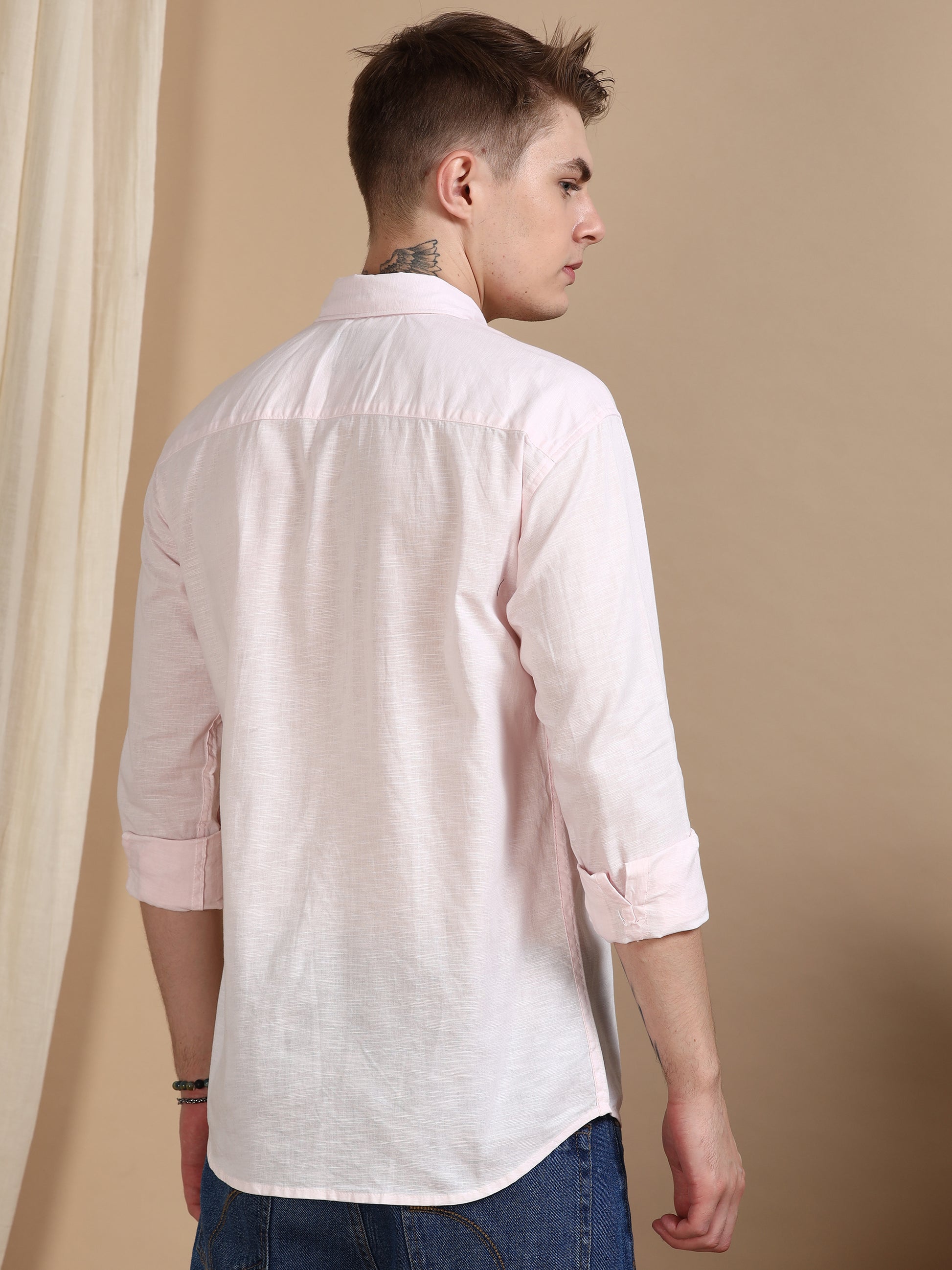 Solid Linen Light Pink Shirt For Men