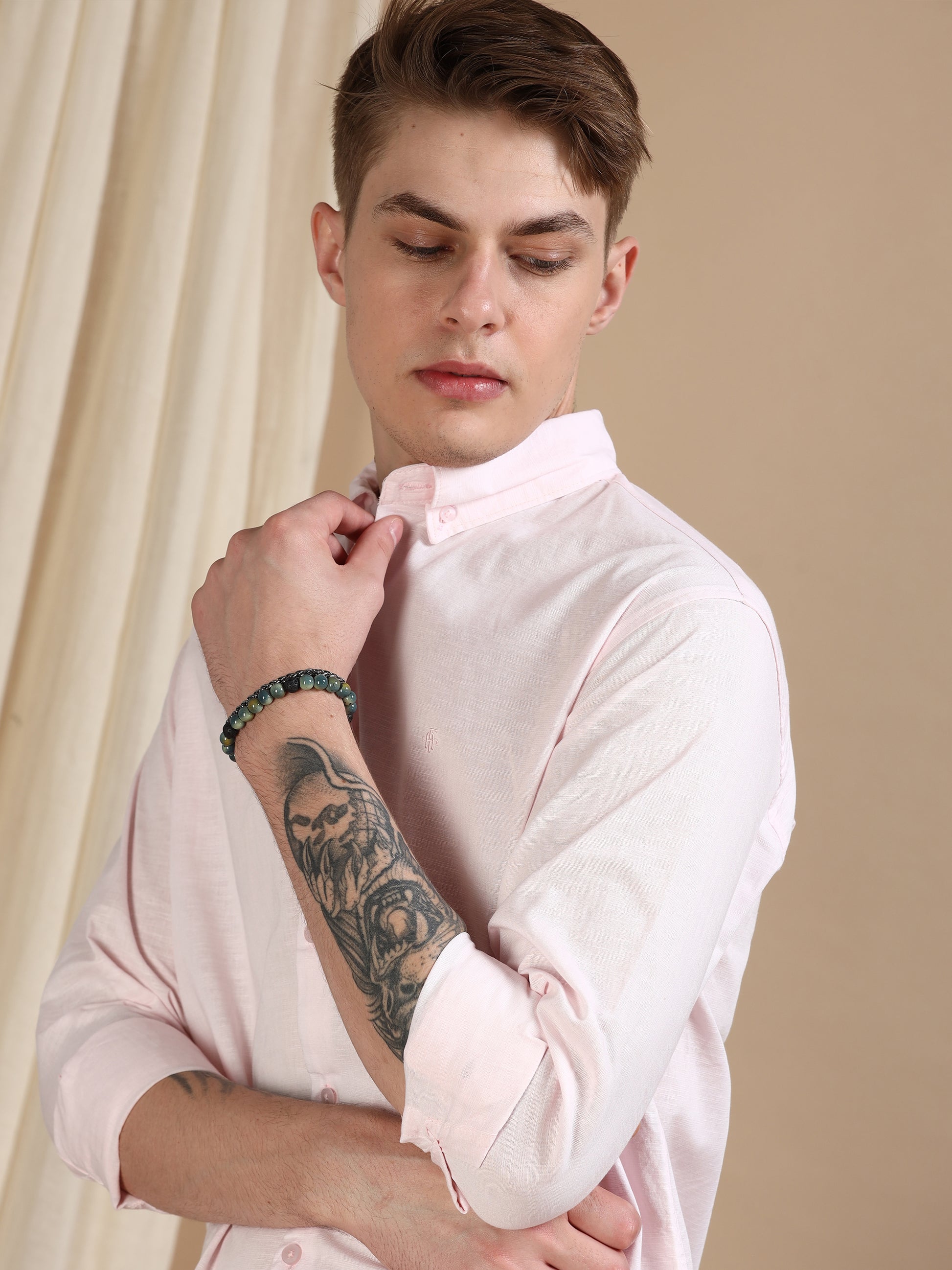 Solid Linen Light Pink Shirt For Men