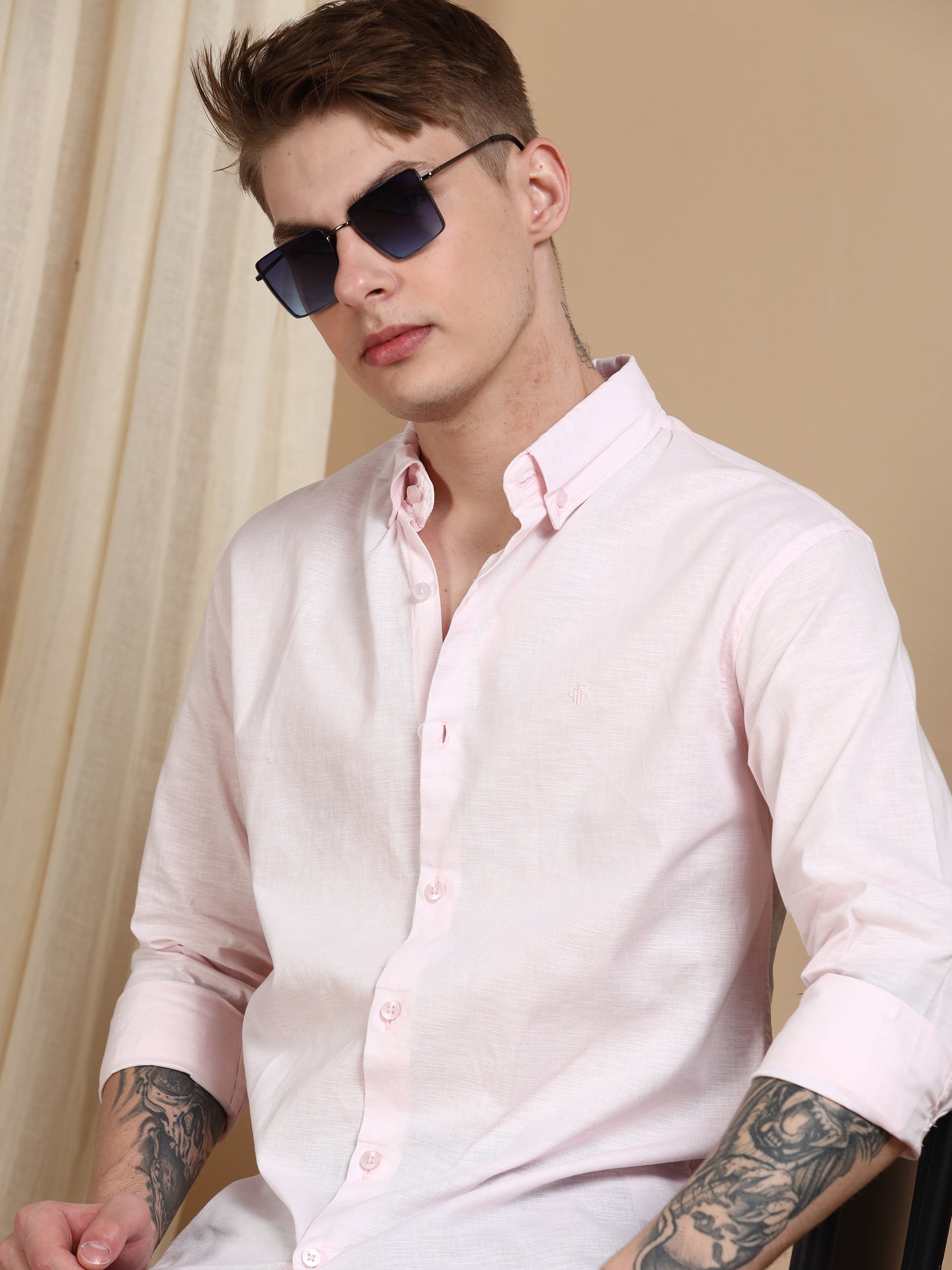 Solid Linen Light Pink Shirt For Men