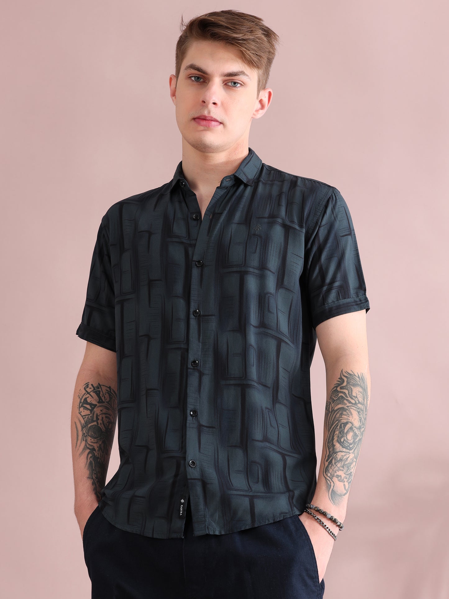 Half Sleeves Rayon Grey Printed Shirt For Men
