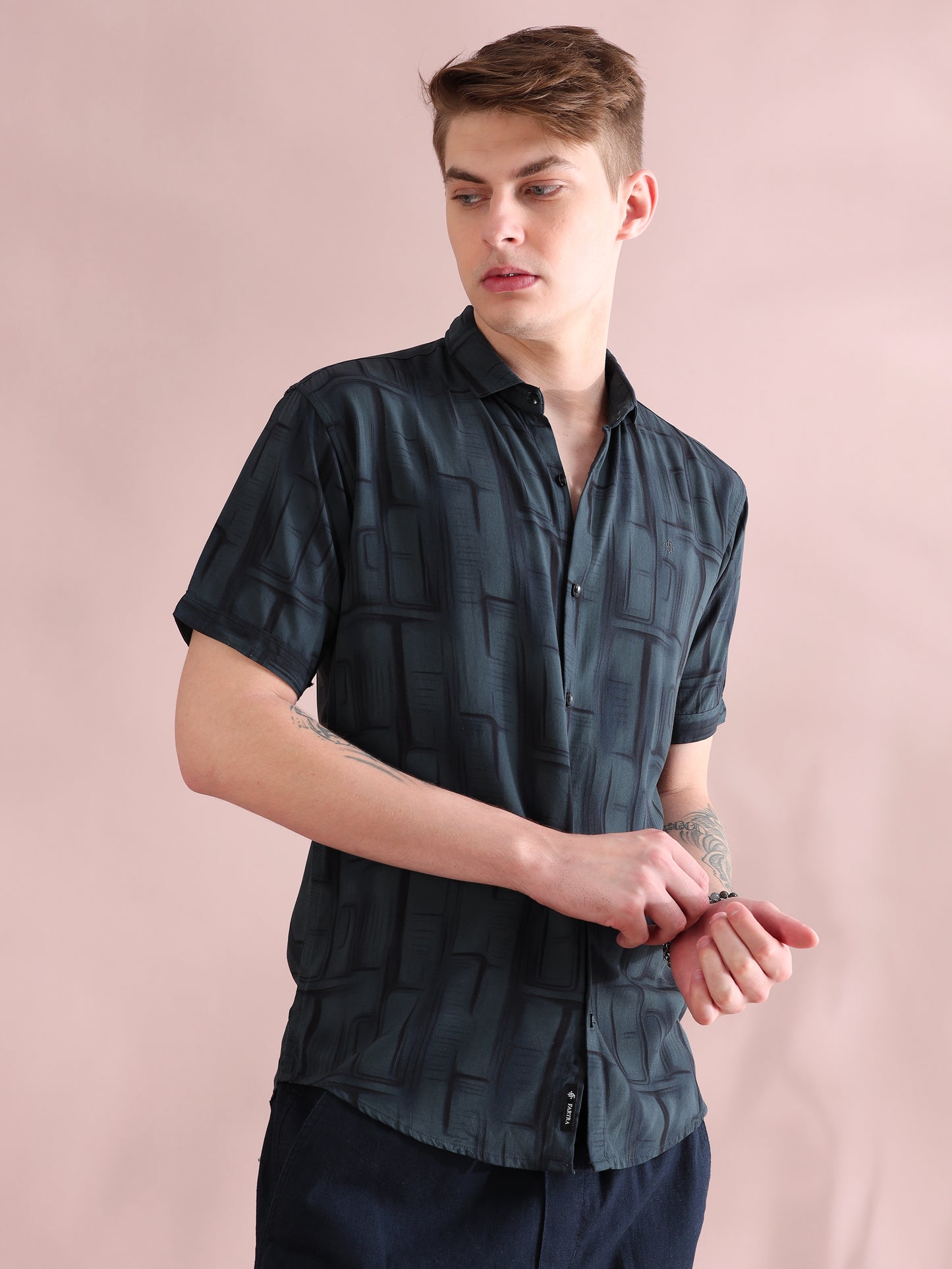 Half Sleeves Rayon Grey Printed Shirt For Men