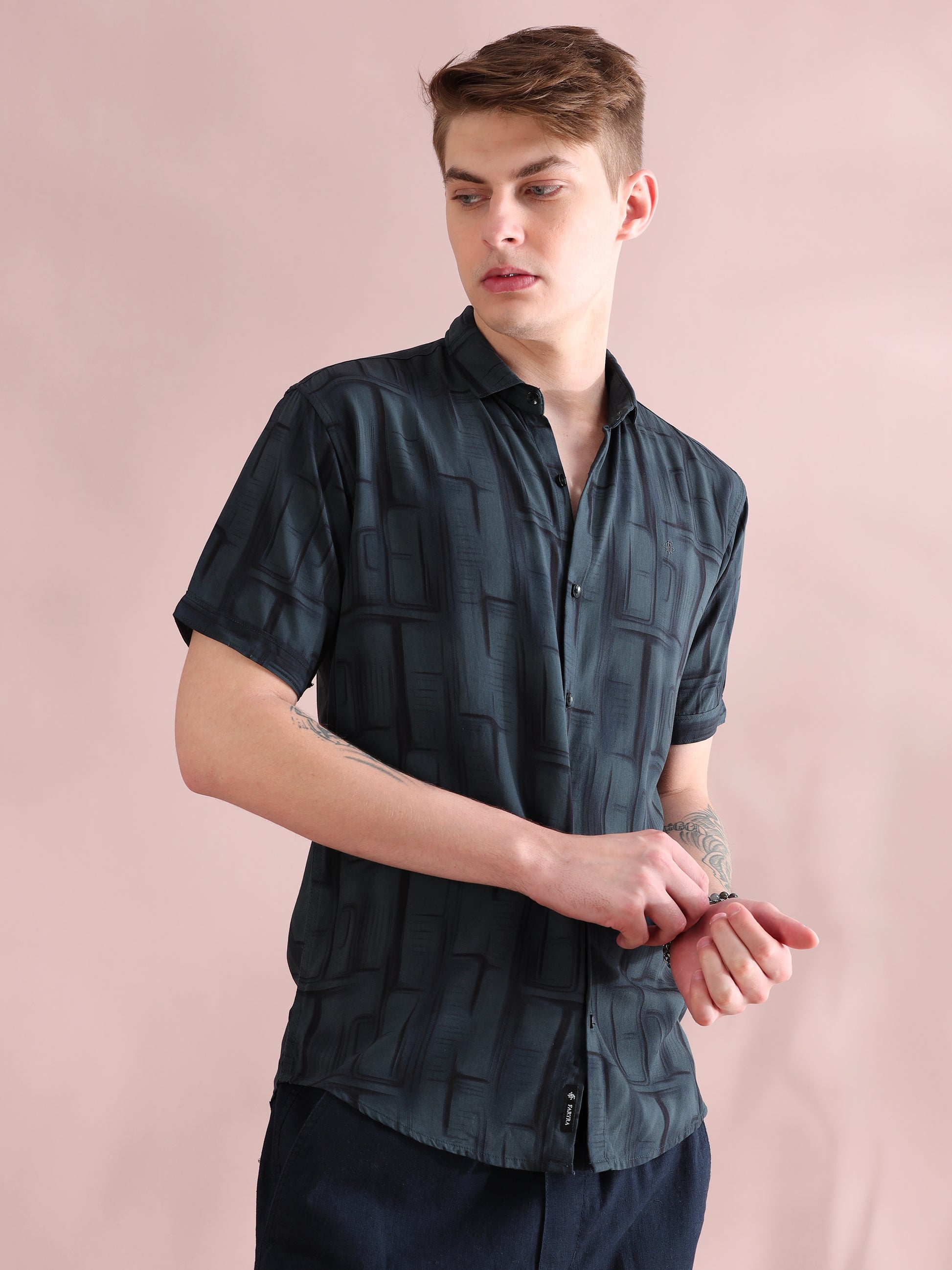 Half Sleeves Rayon Grey Printed Shirt For Men