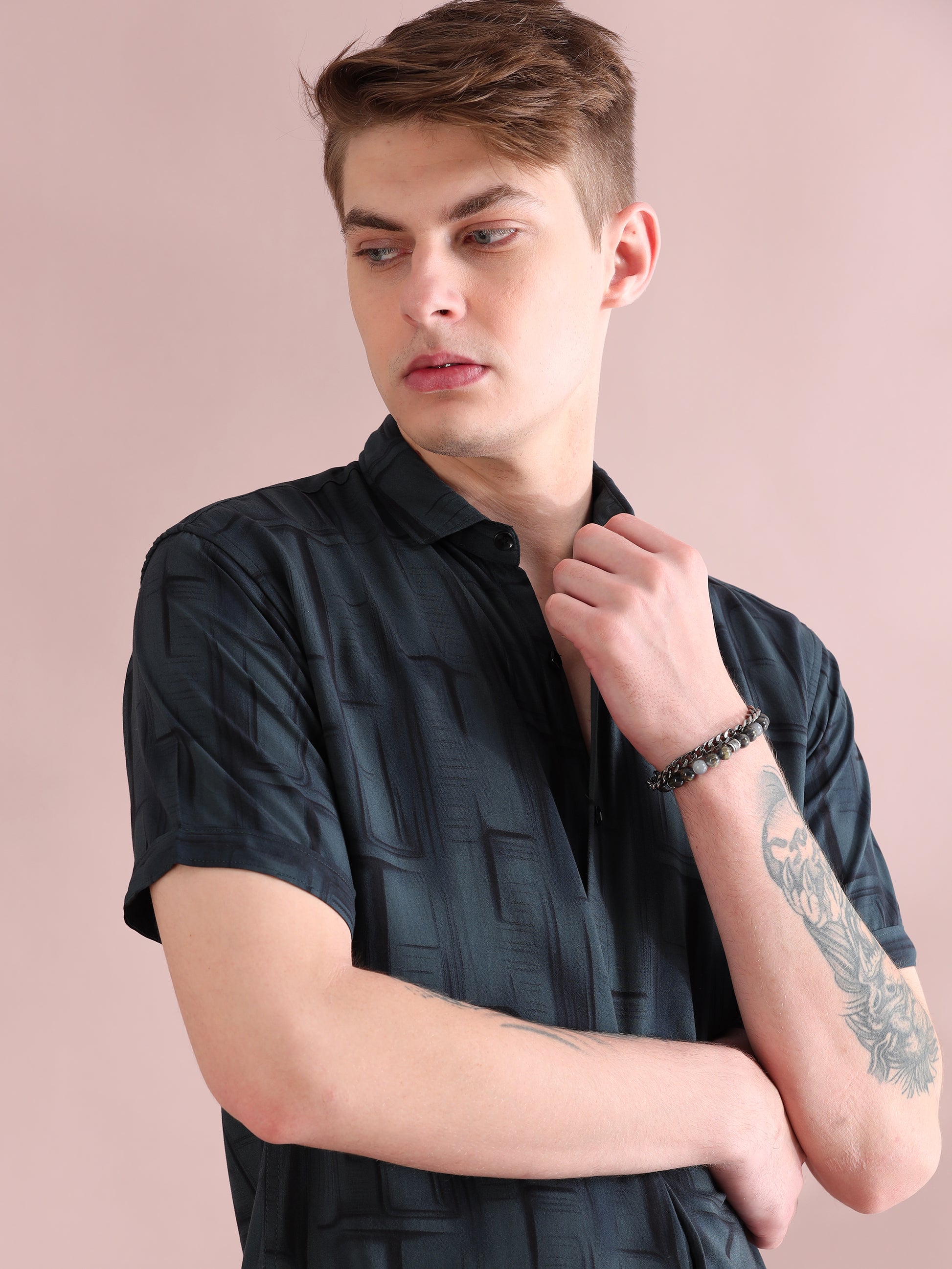 Half Sleeves Rayon Grey Printed Shirt For Men