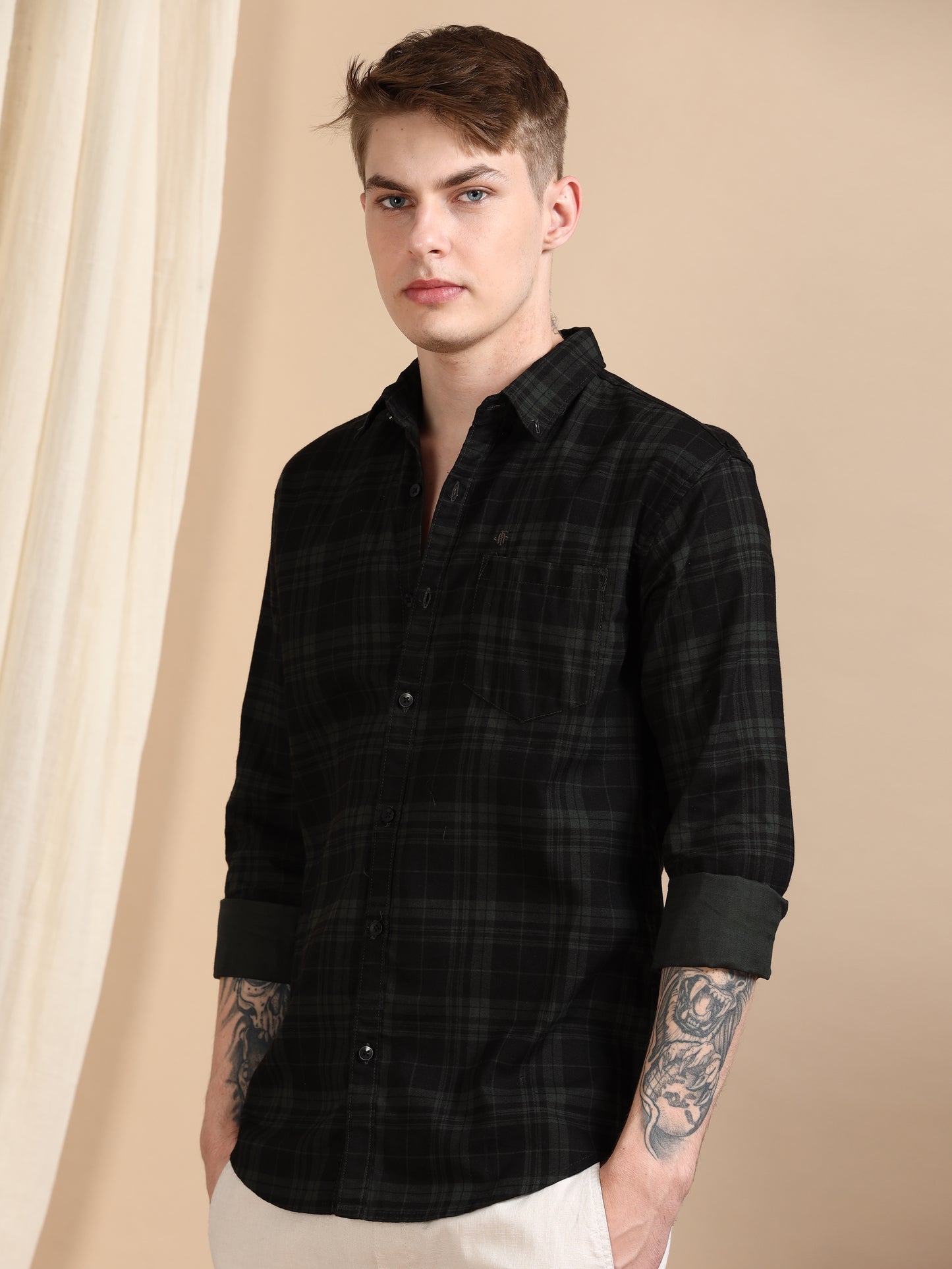 Casual Sea Green Regular Check Shirt For Men