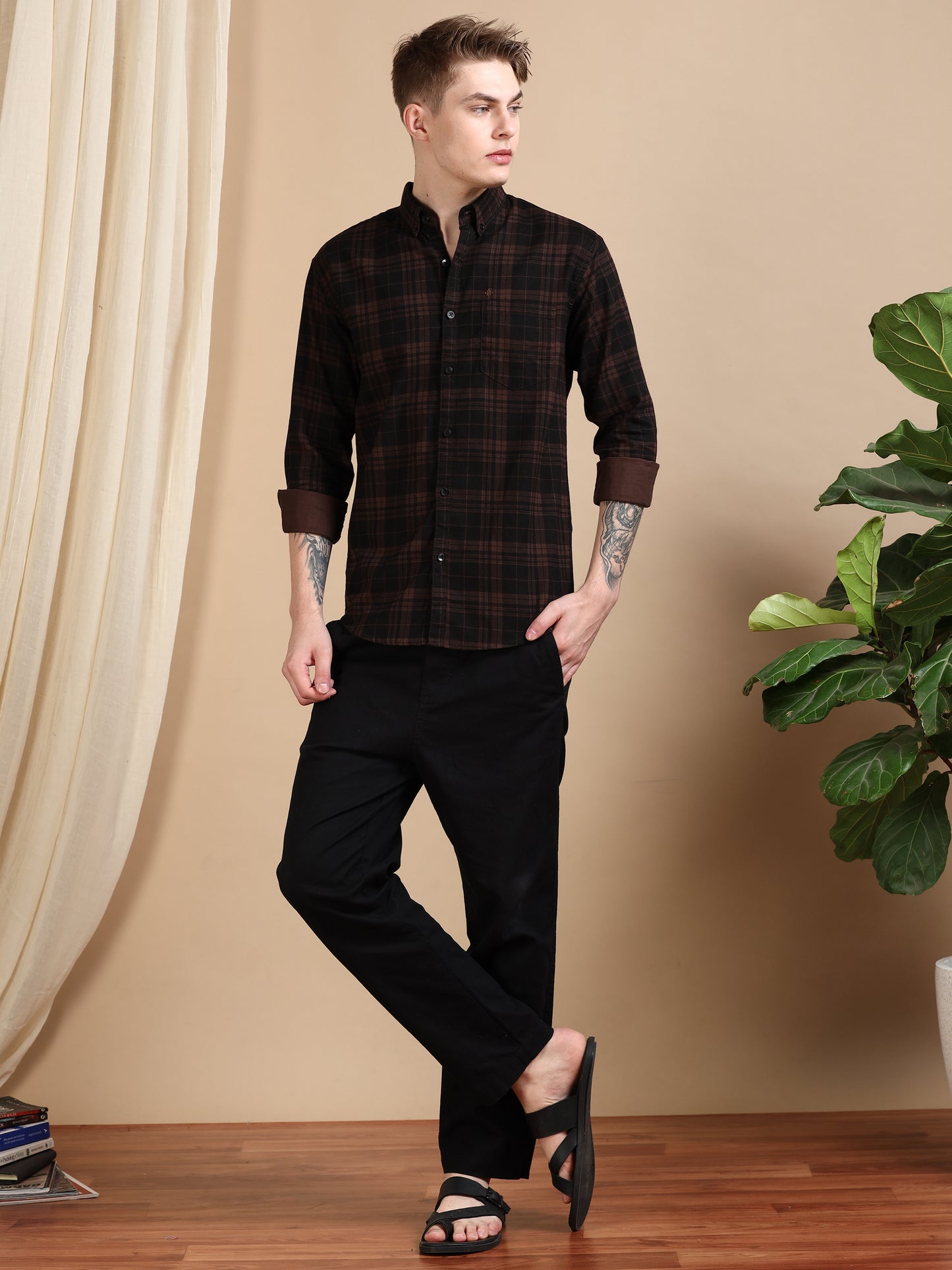Casual Brown Men's Cotton Check Shirt