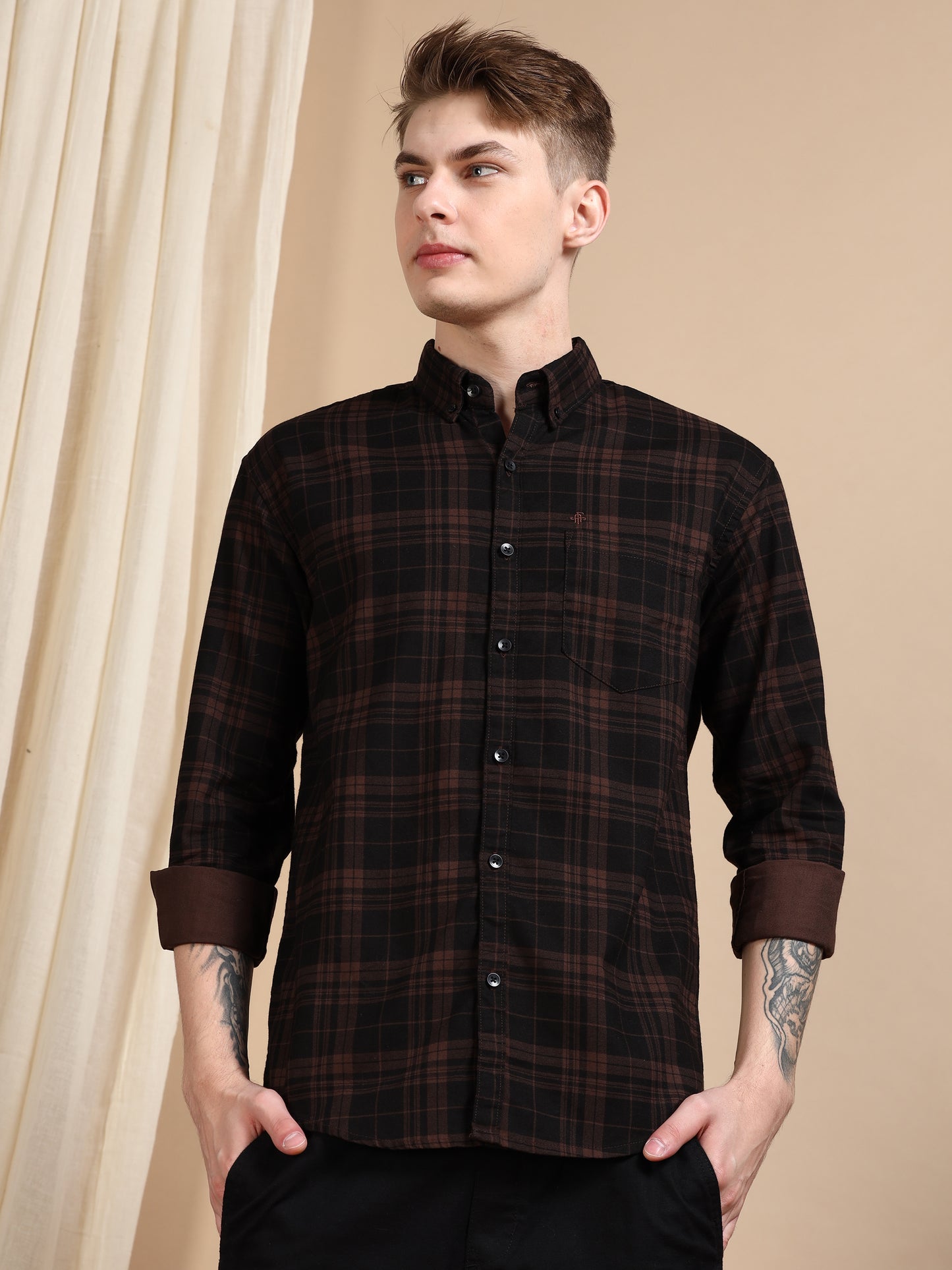 Casual Brown Men's Cotton Check Shirt