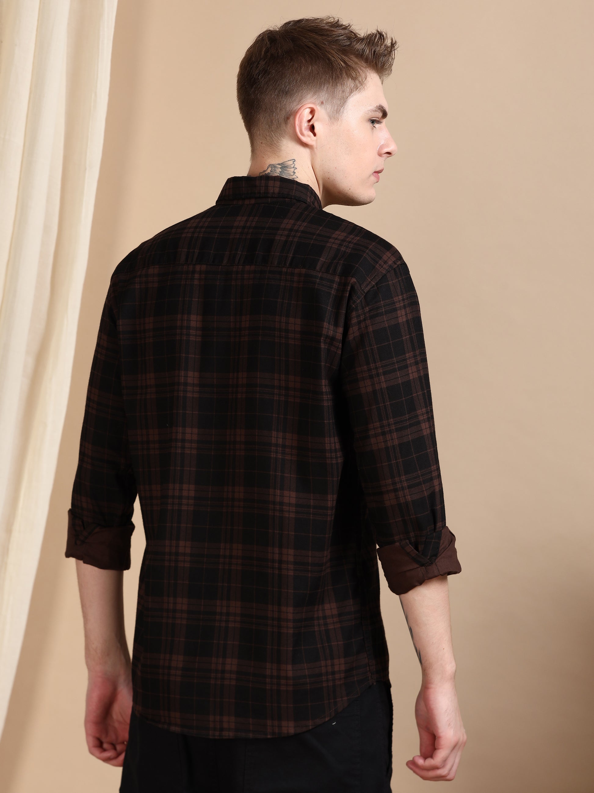 Casual Brown Men's Cotton Check Shirt