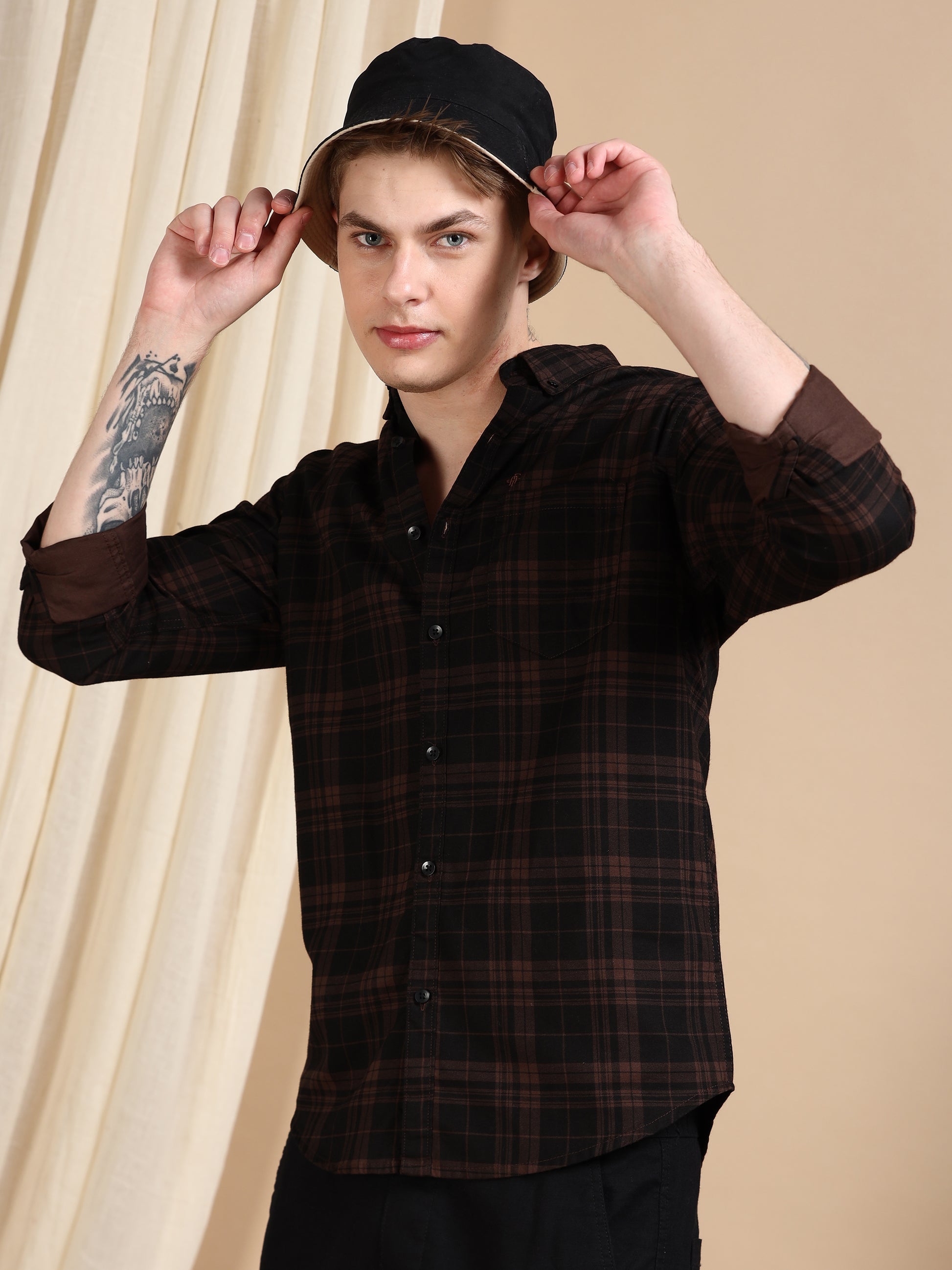 Casual Brown Men's Cotton Check Shirt