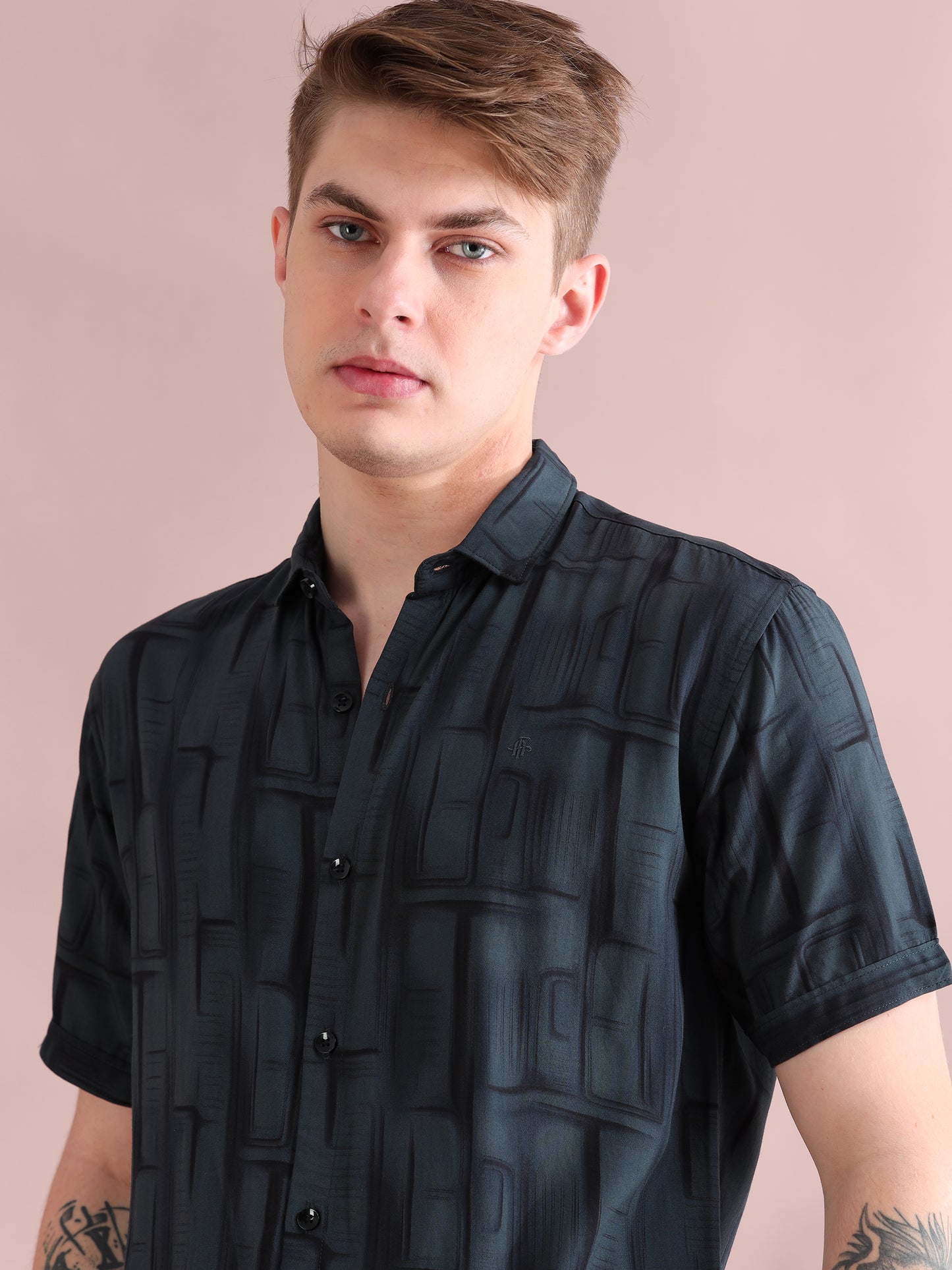Half Sleeves Rayon Grey Printed Shirt For Men