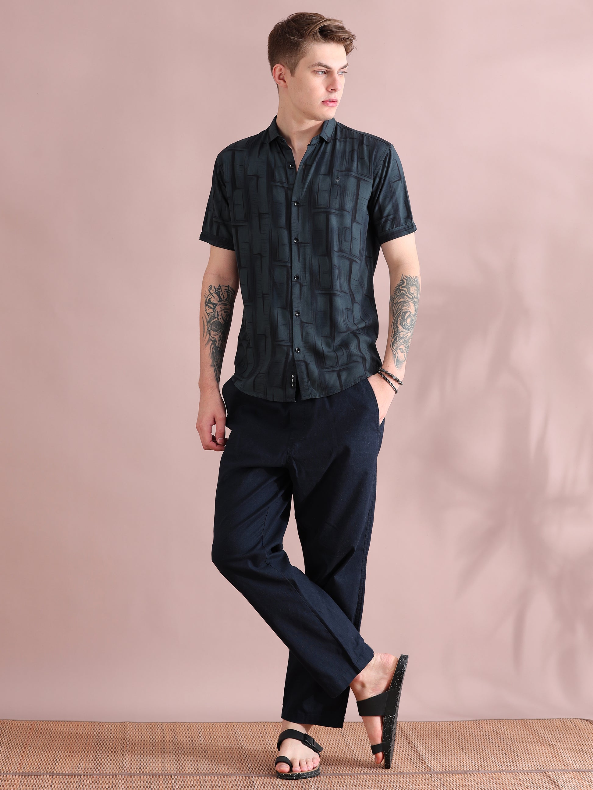 Half Sleeves Rayon Grey Printed Shirt For Men