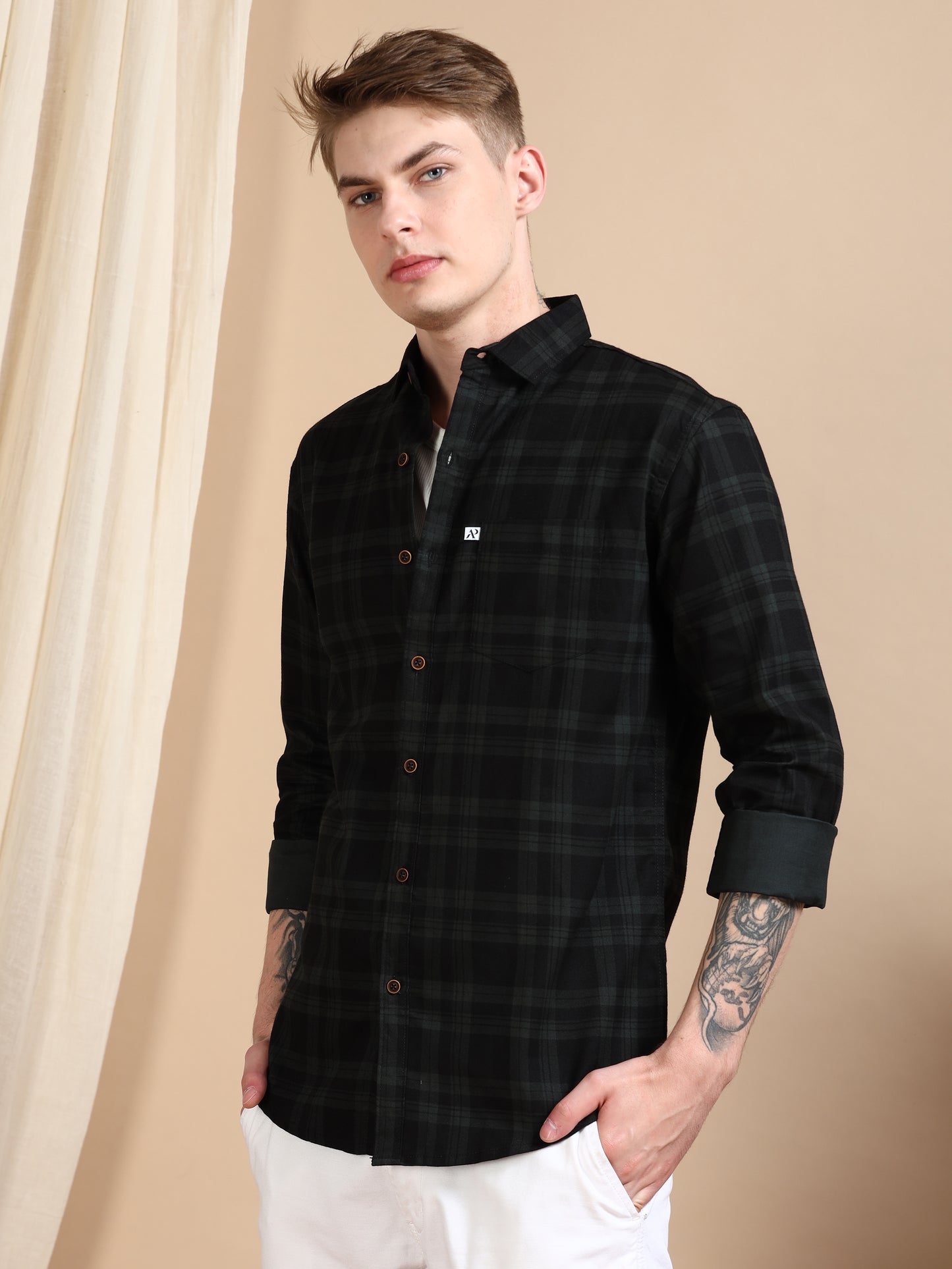 Green Cotton Blend Shirt Pattern Checks For Men