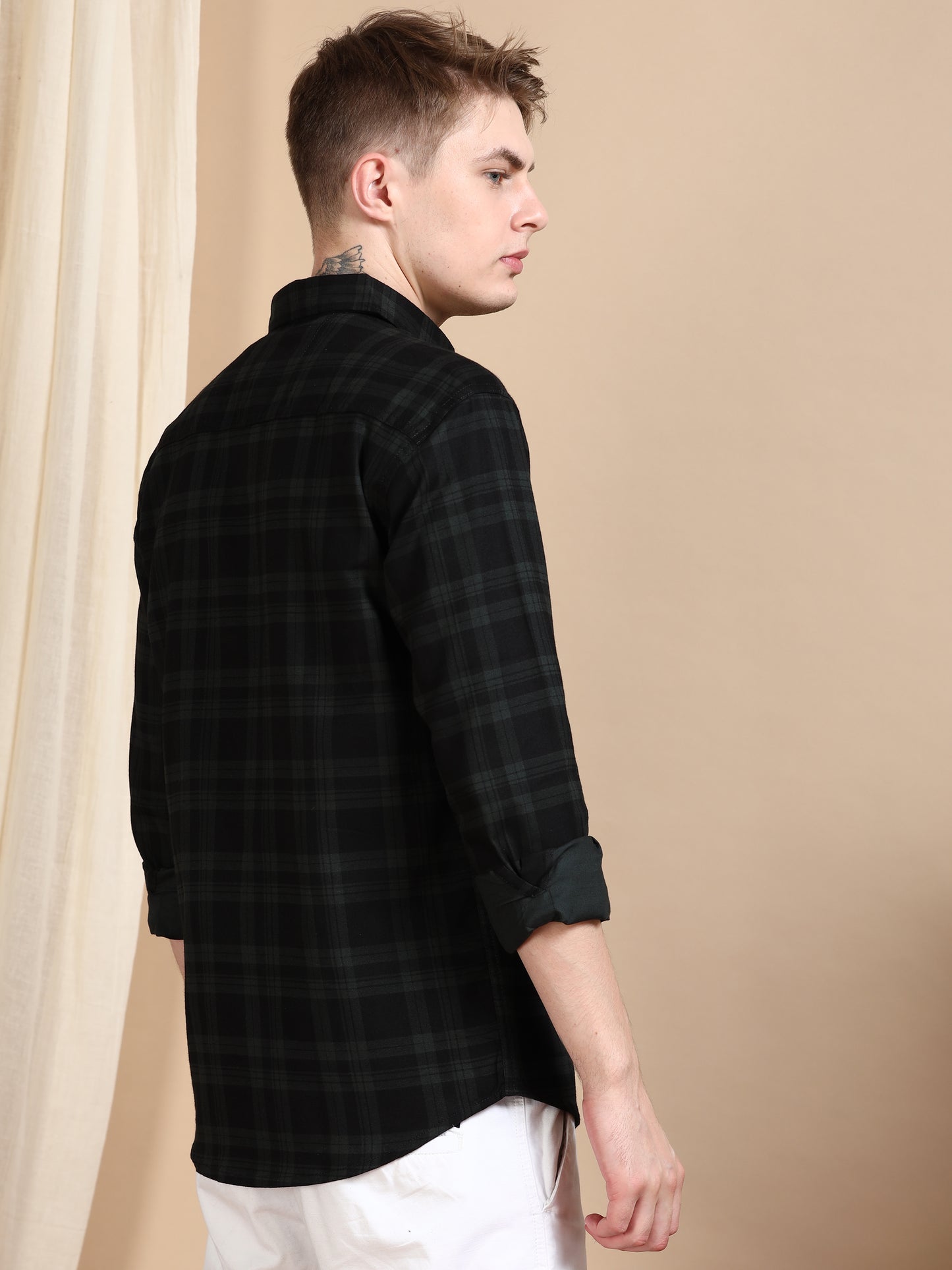 Green Cotton Blend Shirt Pattern Checks For Men