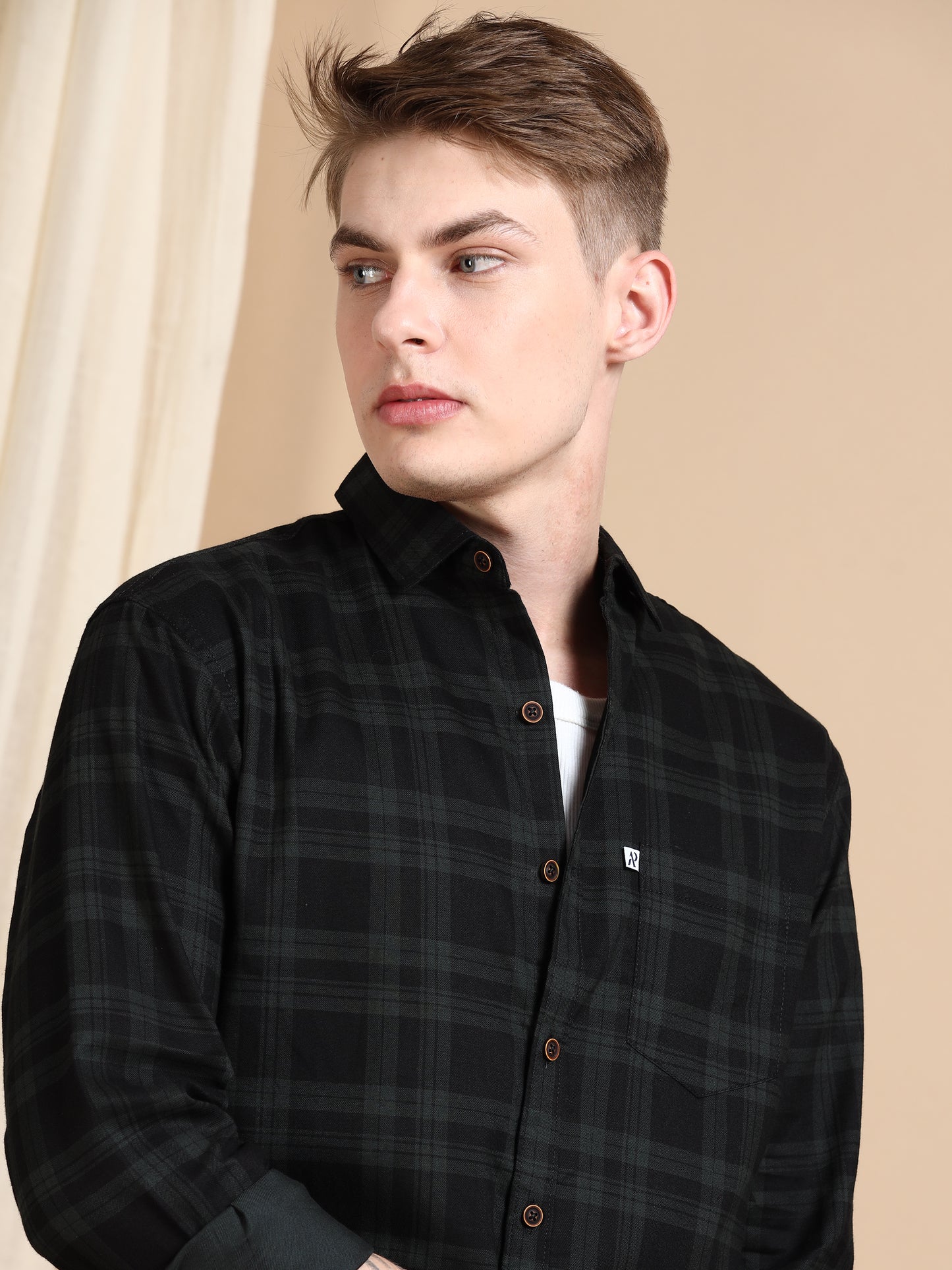 Green Cotton Blend Shirt Pattern Checks For Men