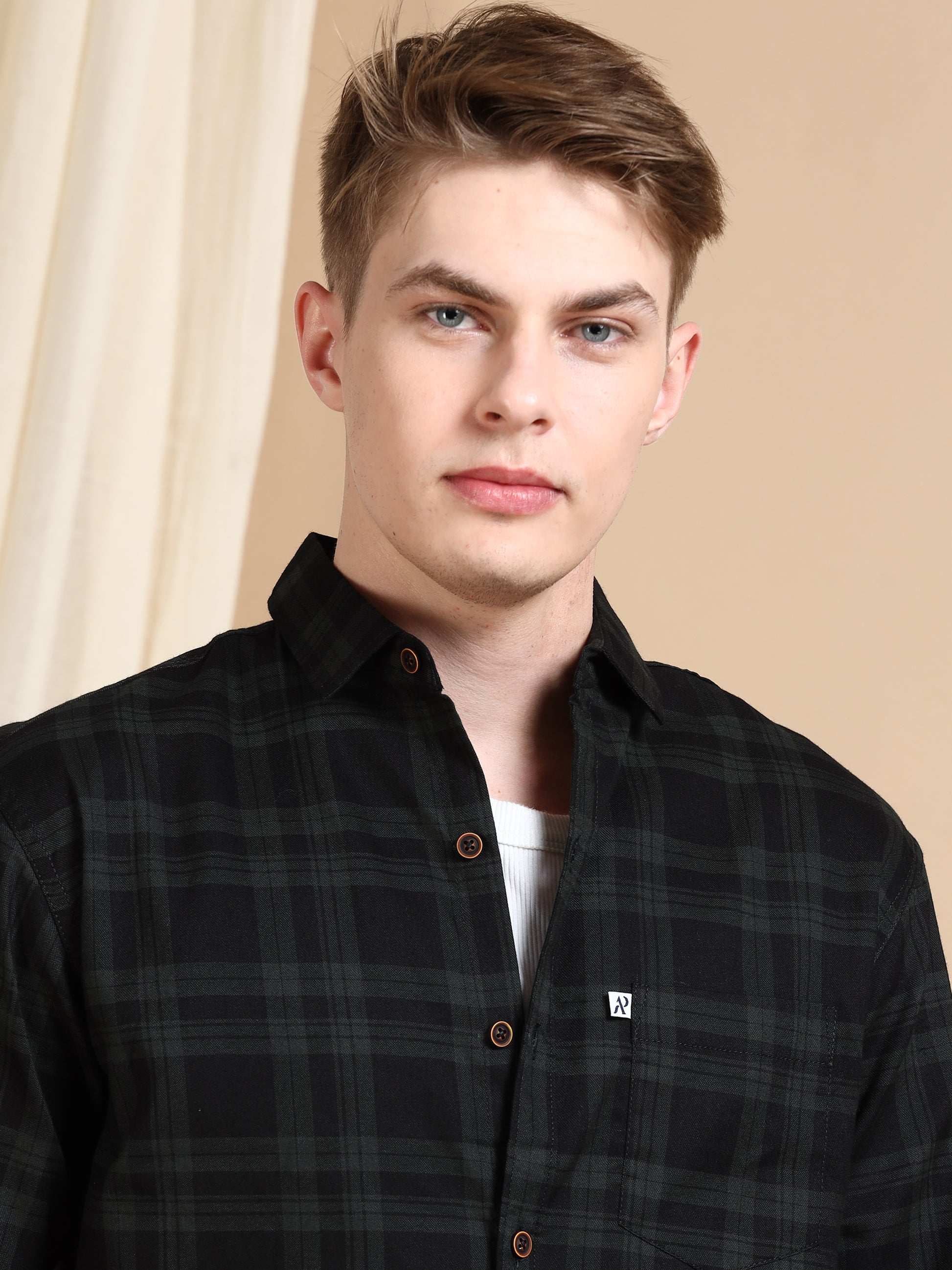 Green Cotton Blend Shirt Pattern Checks For Men