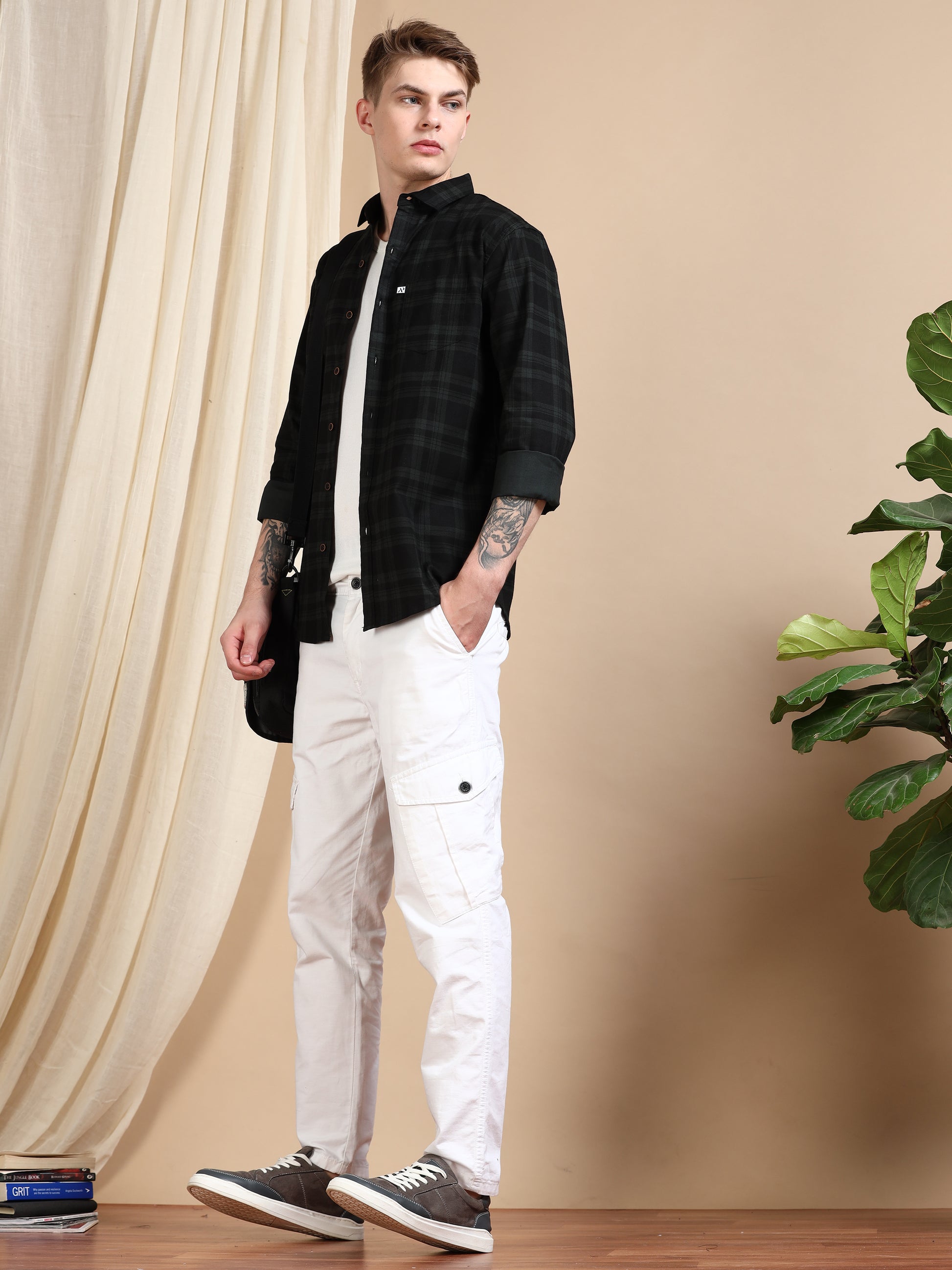 Green Cotton Blend Shirt Pattern Checks For Men