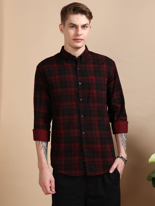 Casual Maroon Cotton Check Shirt for Men