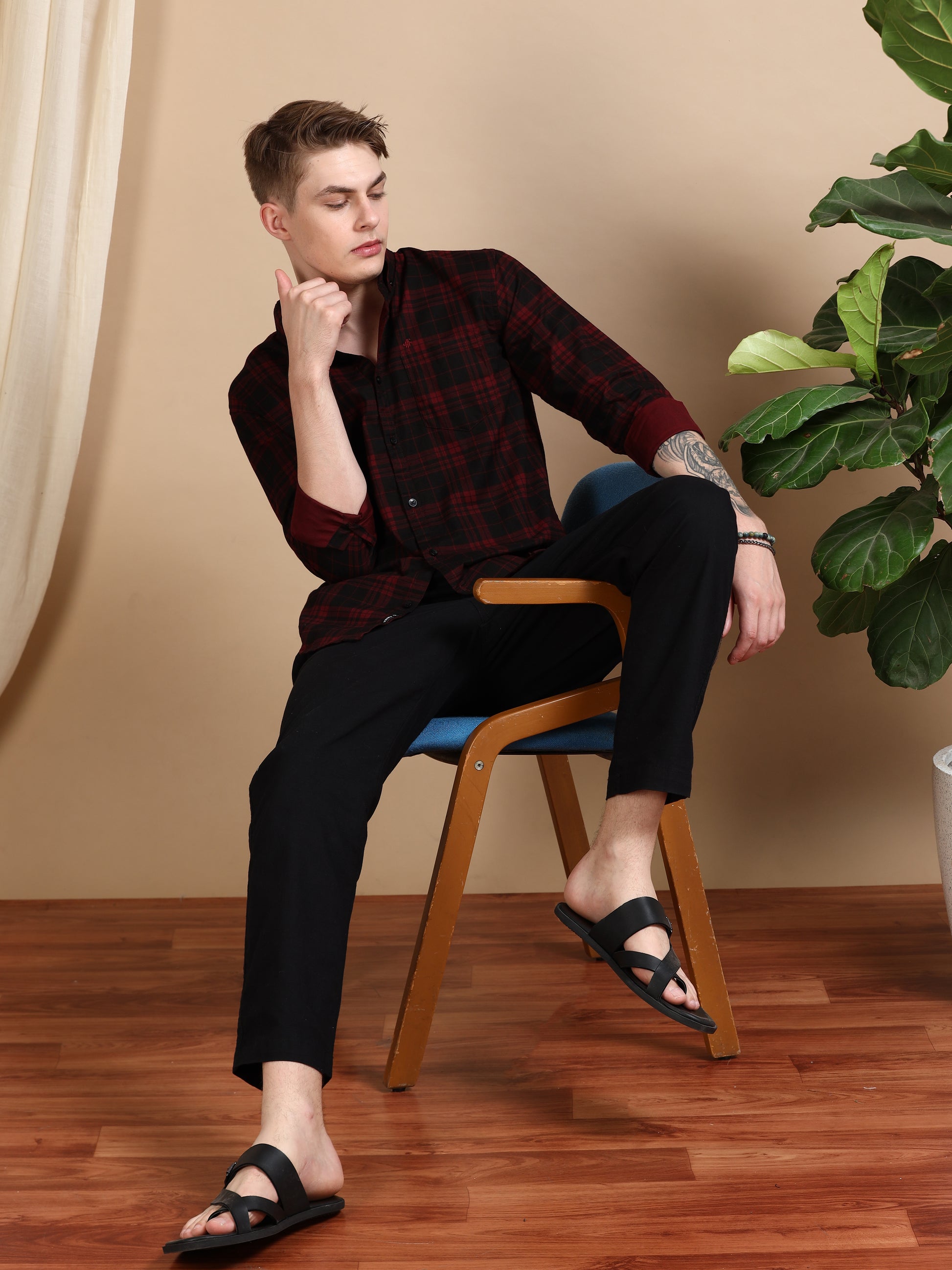 Casual Maroon Cotton Check Shirt for Men