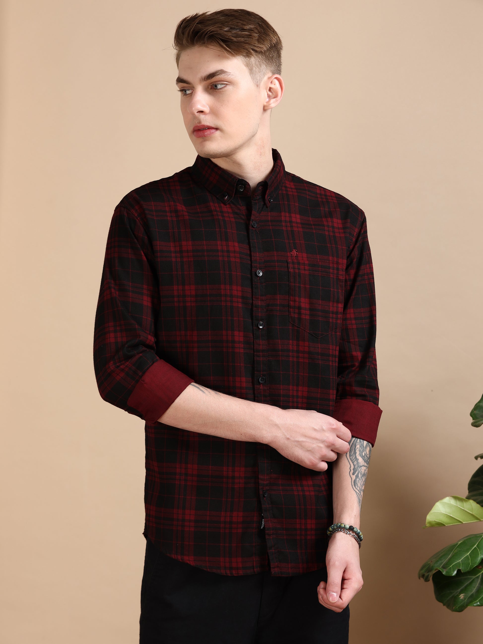 Casual Maroon Cotton Check Shirt for Men
