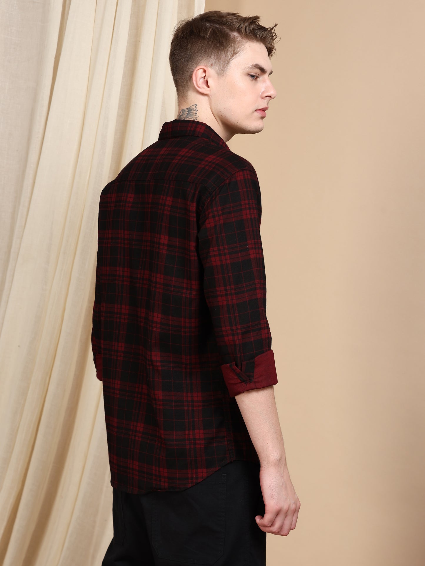 Casual Maroon Cotton Check Shirt for Men