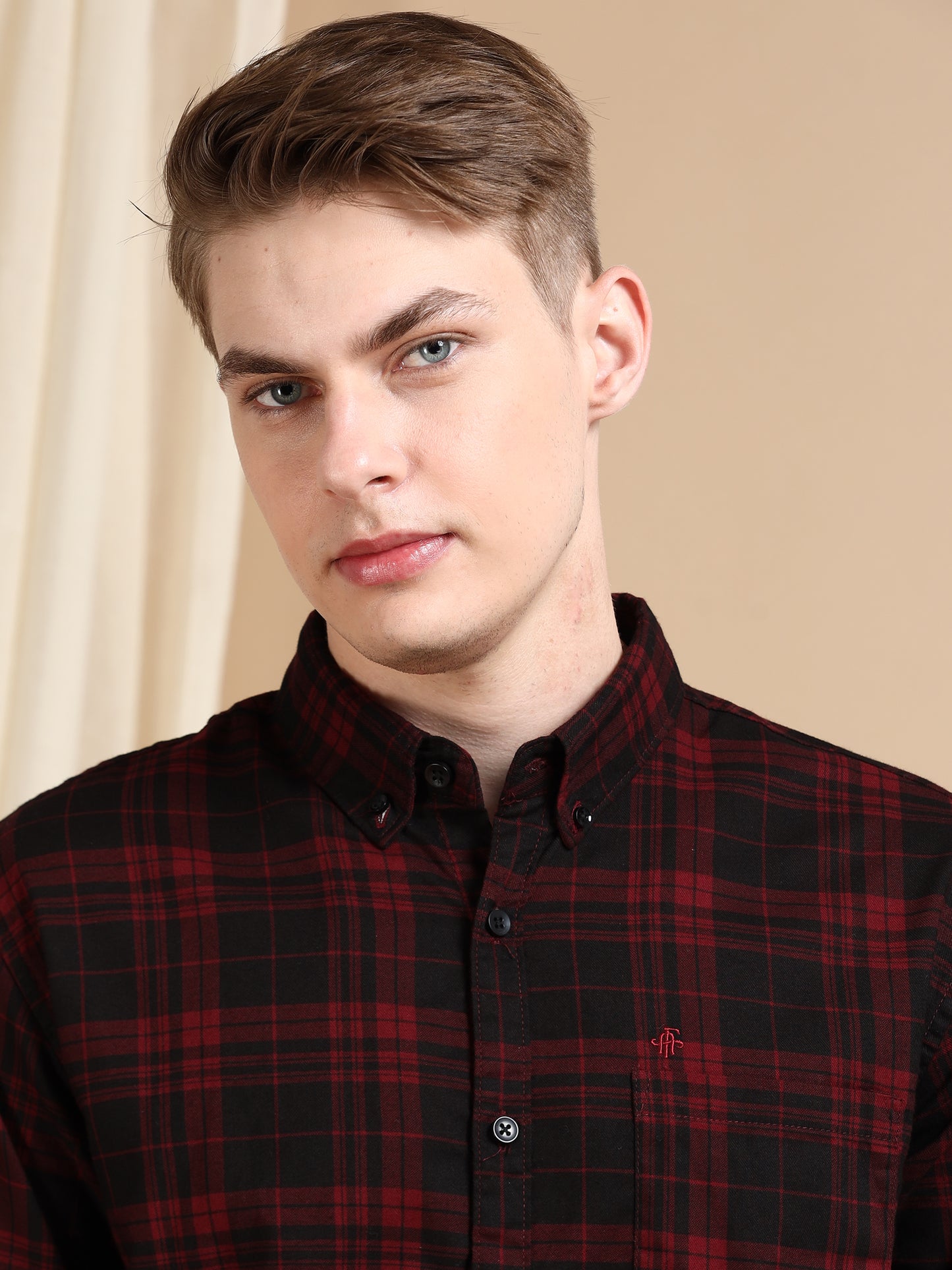 Casual Maroon Cotton Check Shirt for Men