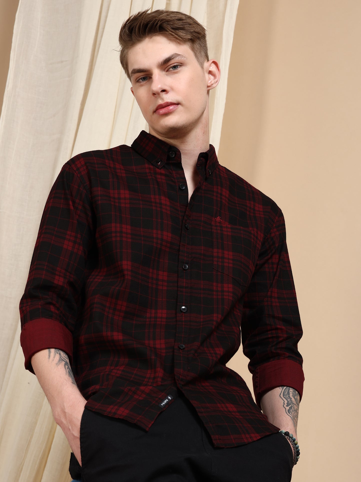 Casual Maroon Cotton Check Shirt for Men