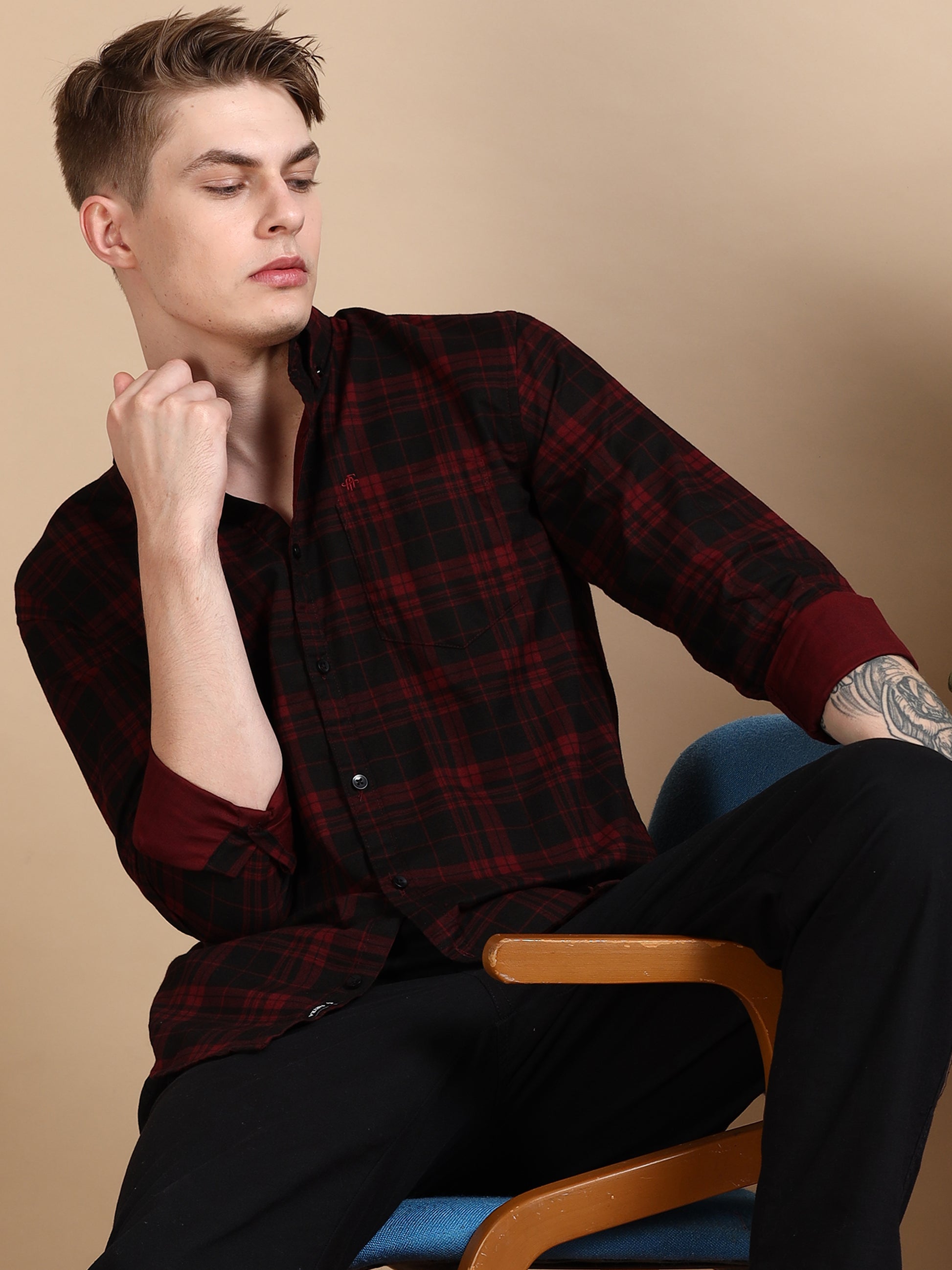 Casual Maroon Cotton Check Shirt for Men
