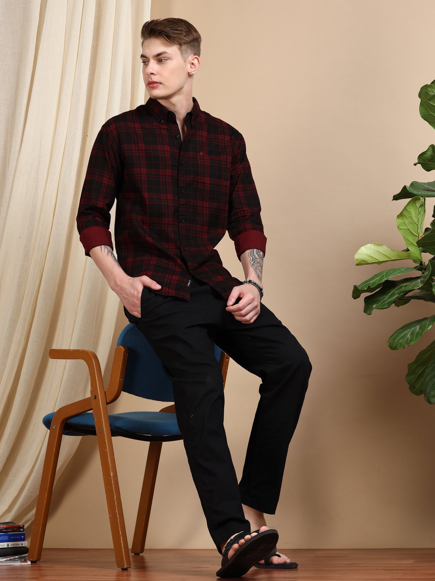 Casual Maroon Cotton Check Shirt for Men