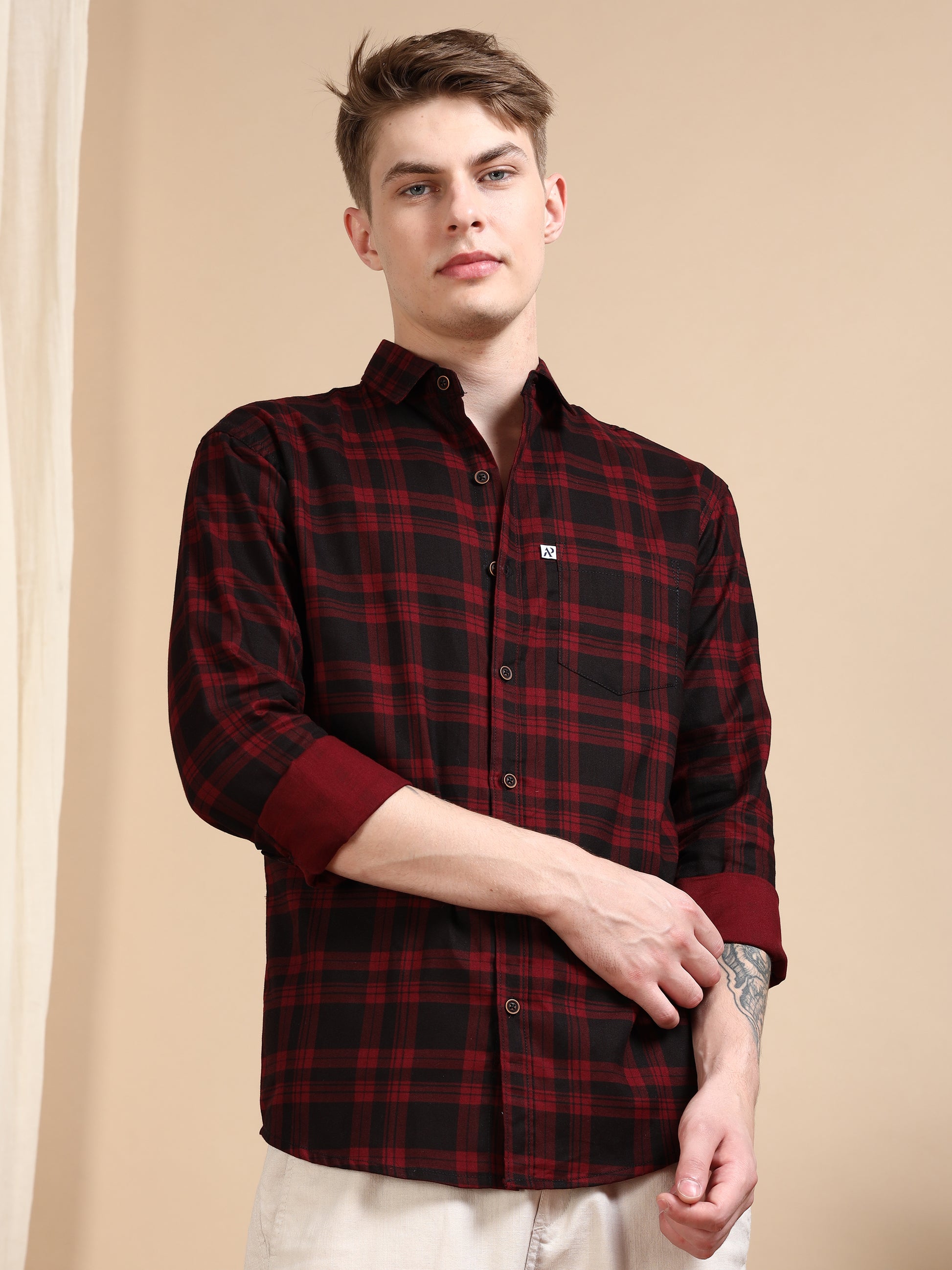 Cotton Blend Maroon Colour Check Shirt For Men