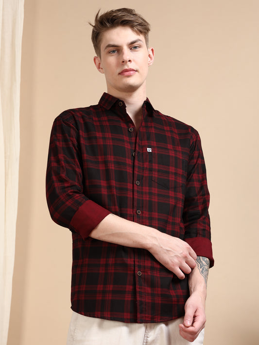Cotton Blend Maroon Colour Check Shirt For Men
