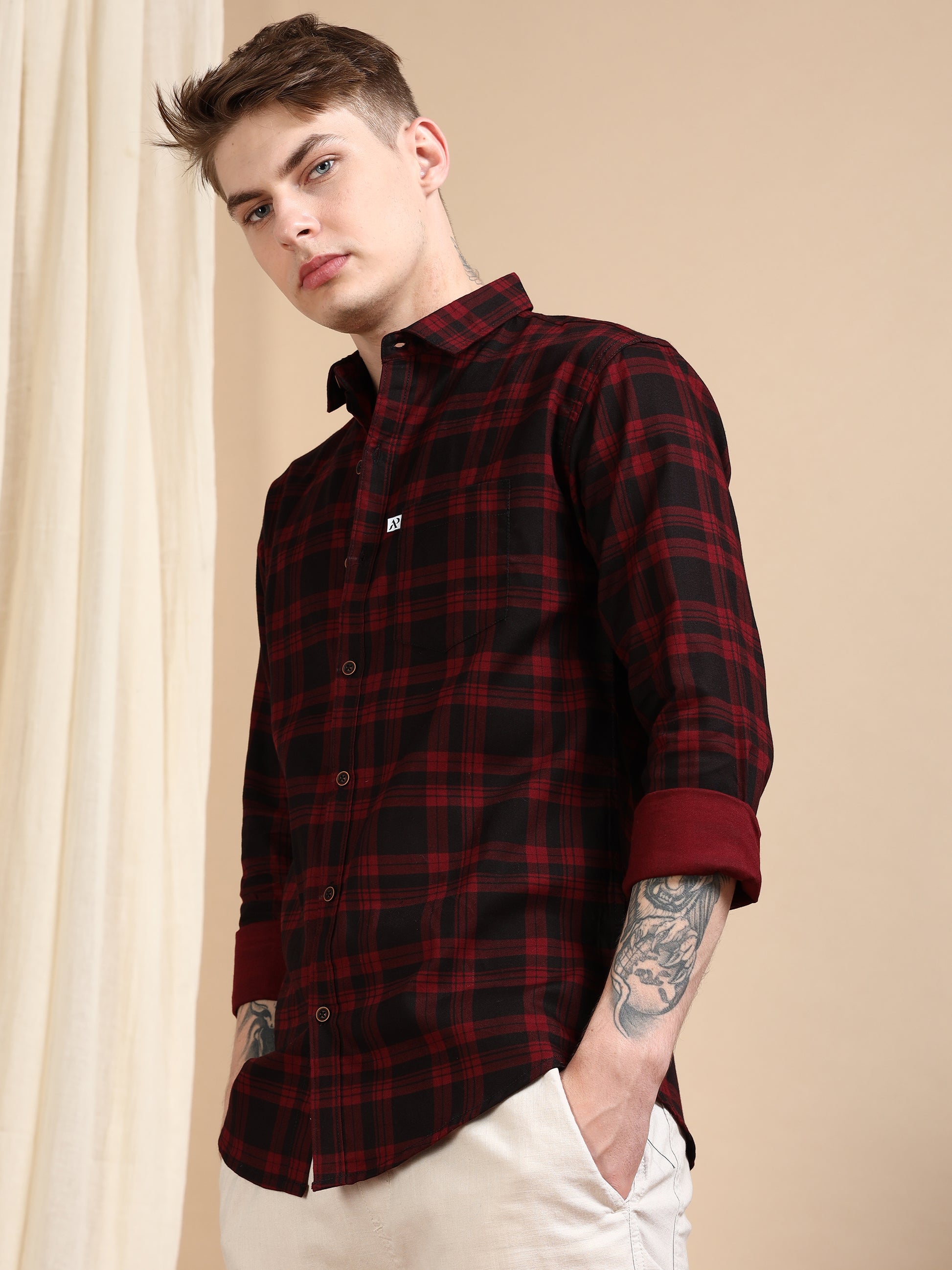 Cotton Blend Maroon Colour Check Shirt For Men