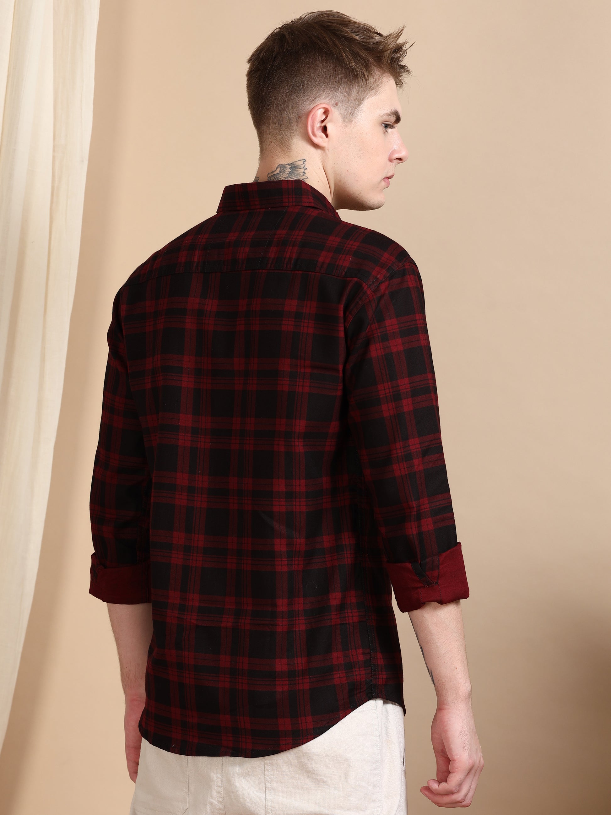 Cotton Blend Maroon Colour Check Shirt For Men