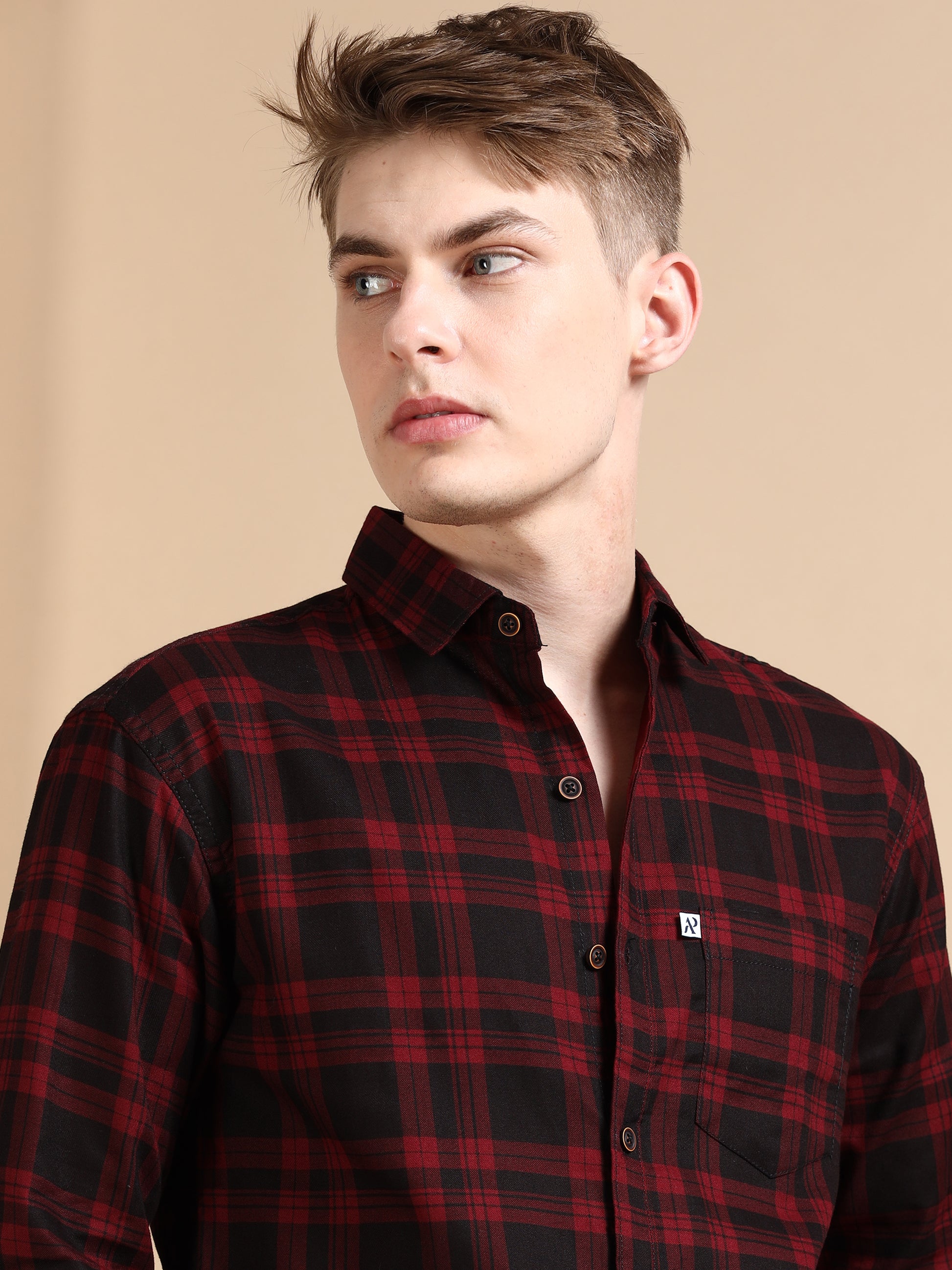 Cotton Blend Maroon Colour Check Shirt For Men